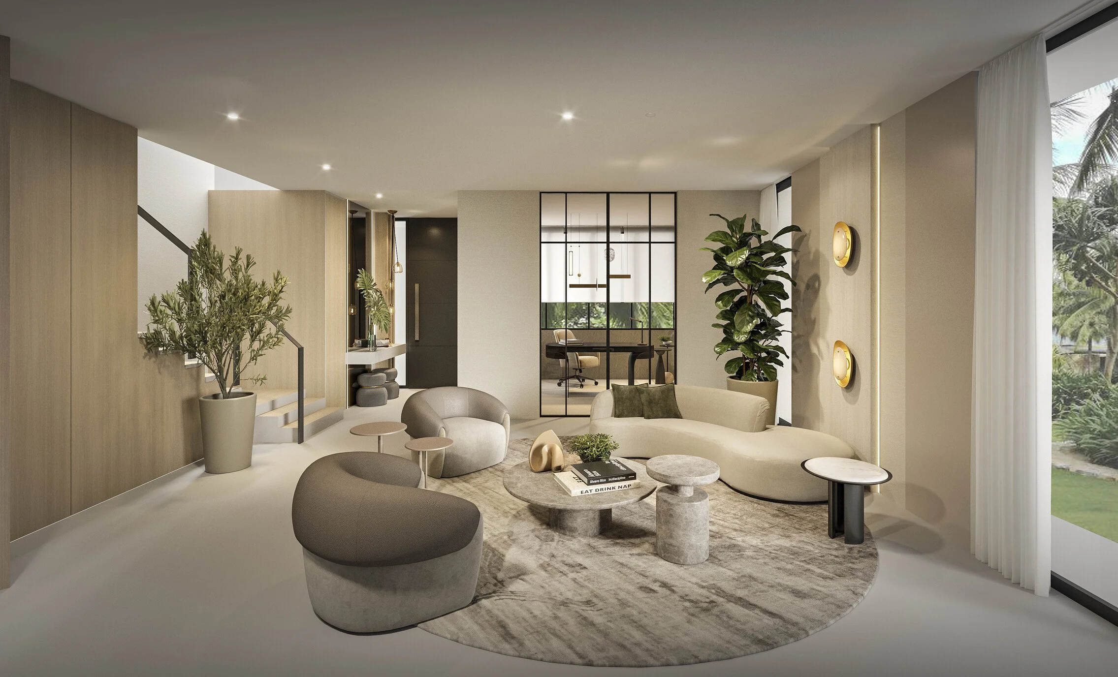A refined formal living room designed with a sculptural curved sofa, rounded accent chairs, and layered circular elements that create a soft and harmonious composition. A round area rug and contemporary tables enhance the flow of the space, while ele