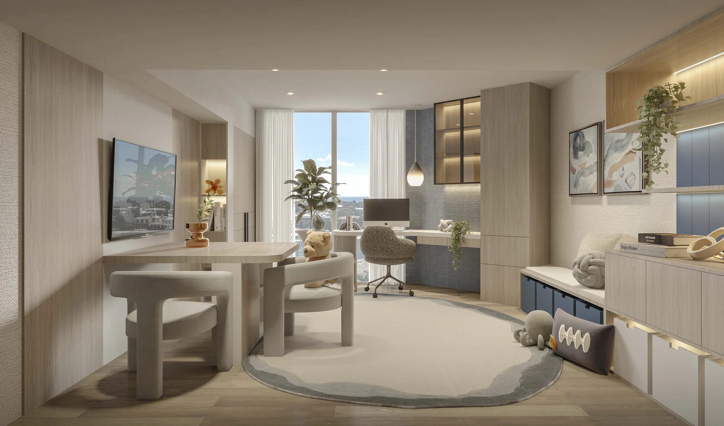 A playful yet functional kids’ playroom designed with ample storage, blue accents, and warm wood details. A dedicated desk area supports creativity and learning, creating a space that is both fun and organized.