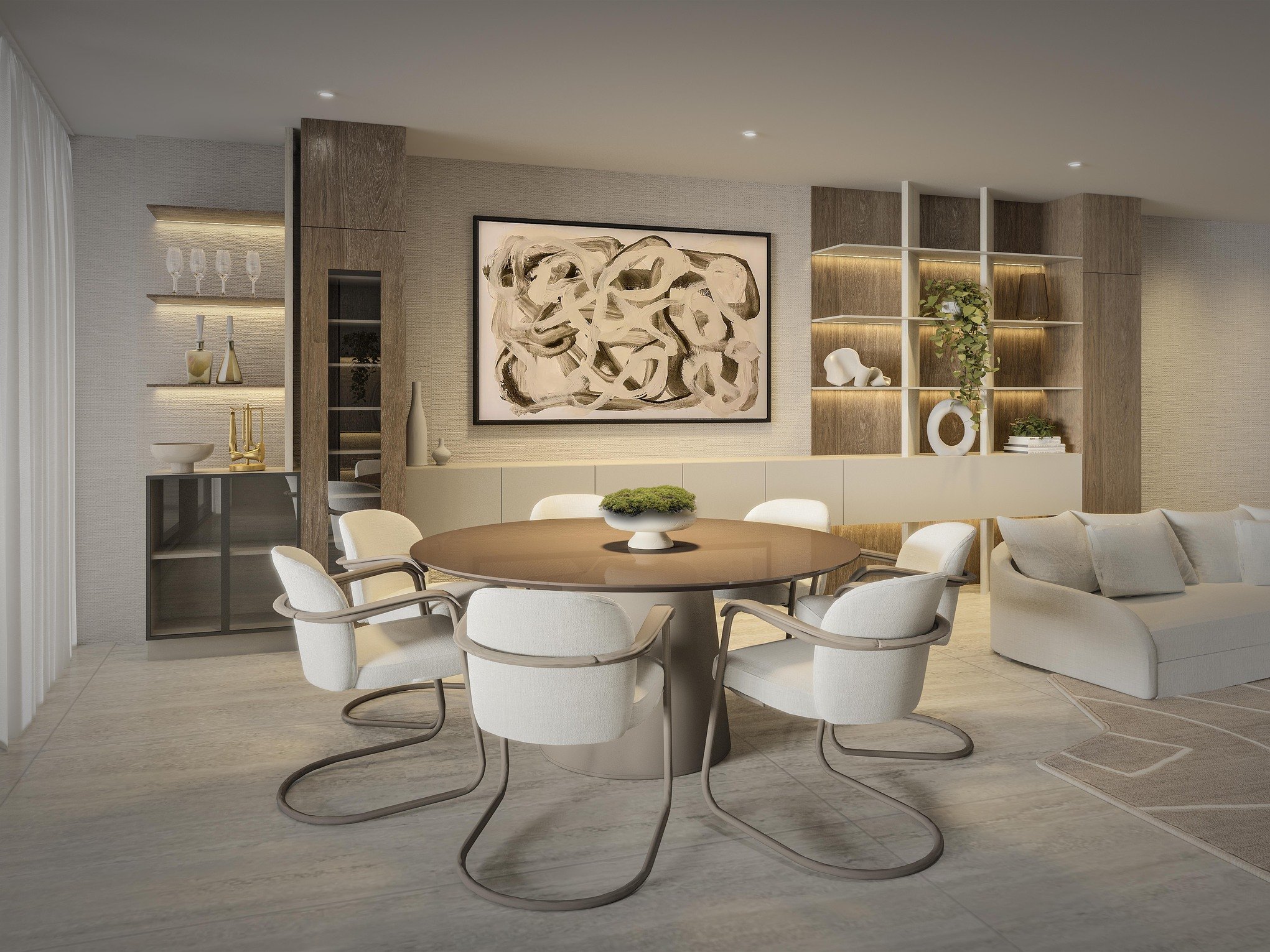 A custom dining room built-in featuring a long console, open shelving, and a dedicated bar area designed for both display and entertaining. Integrated closed storage maintains a clean and organized appearance, while warm finishes and thoughtful detai
