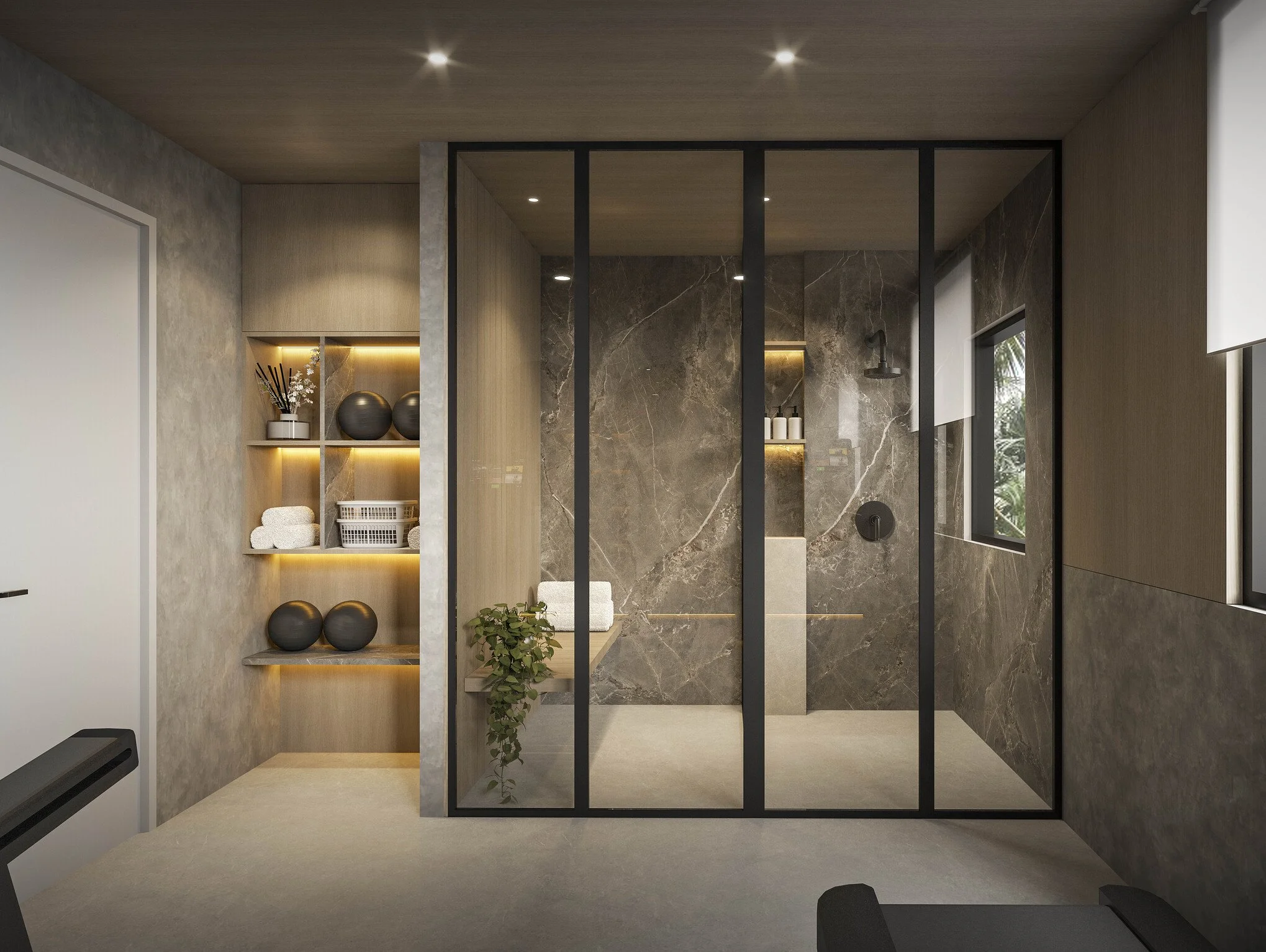 A compact yet functional home gym designed to support wellness and everyday movement within a modern luxury residence. A full wall mirror enhances the sense of space and light, while thoughtfully integrated features such as a treadmill, yoga area, an