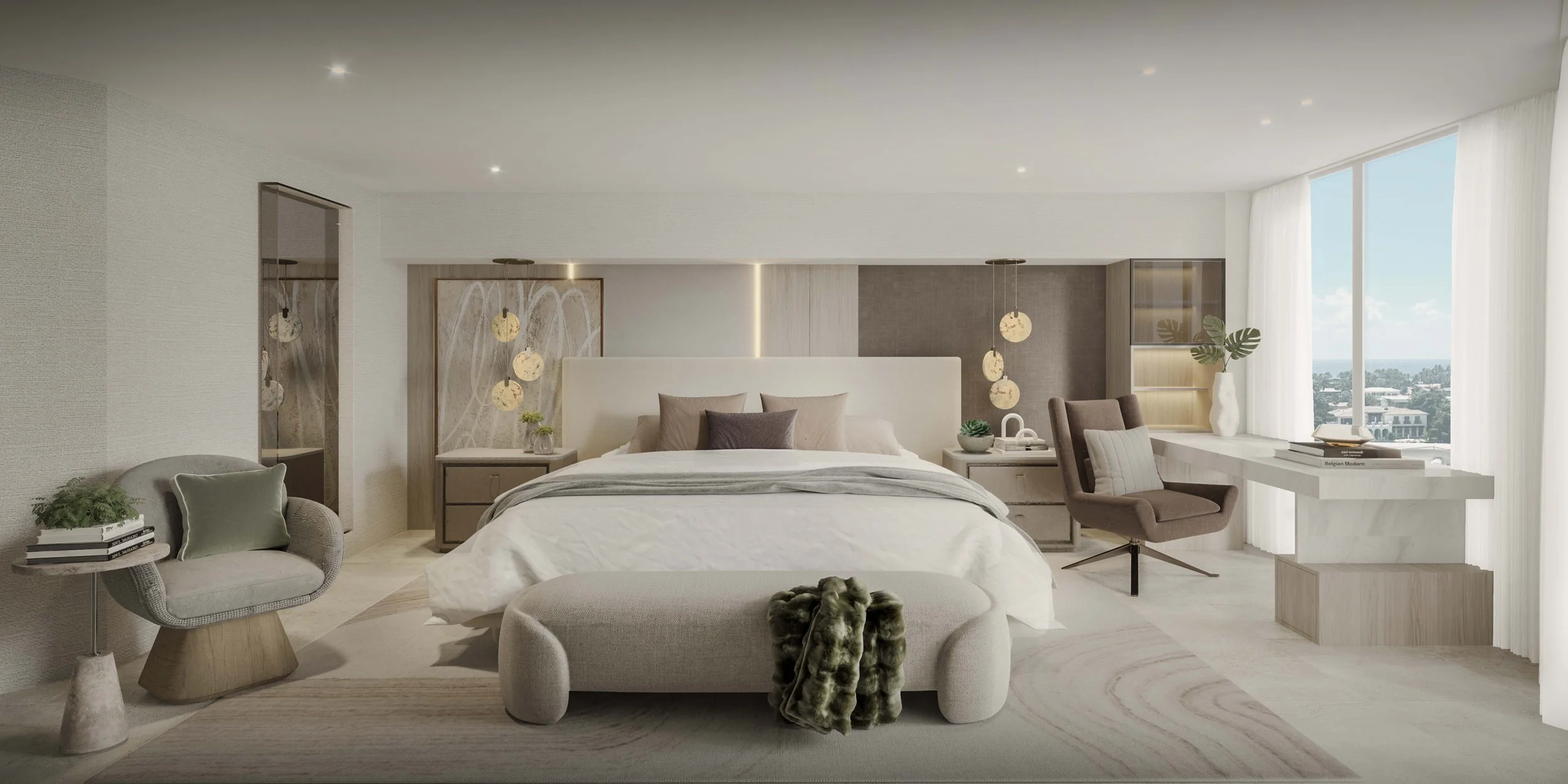 A serene master bedroom featuring a custom desk area and a separate accent wall, complemented by elegant pendant lights that add warmth and sophistication to the space