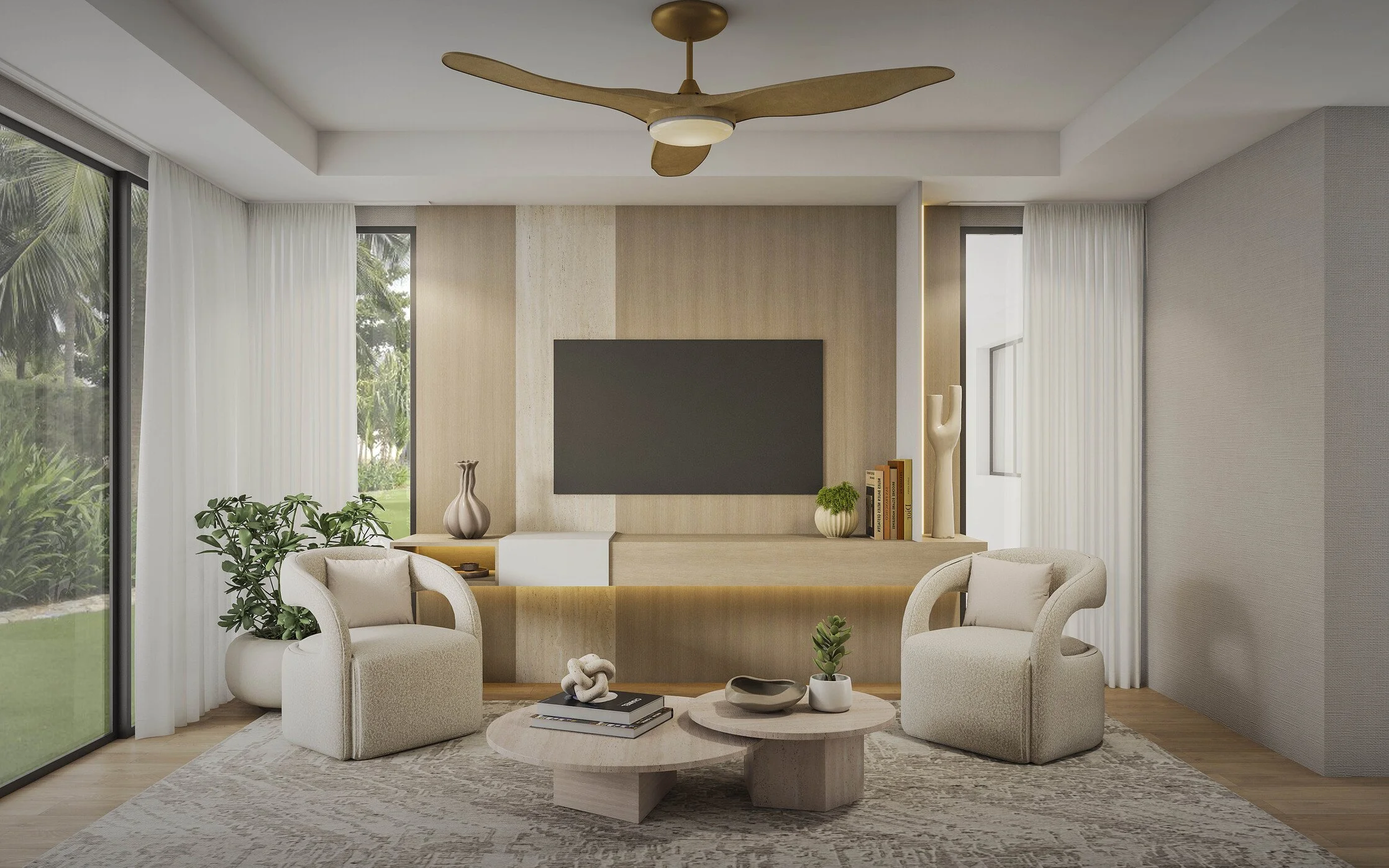 A warm and sophisticated primary bedroom featuring a custom upholstered headboard with paneled detailing that adds texture and depth to the space. Integrated sconces, pendant lighting, and a tailored bench enhance the layered design, while a custom m