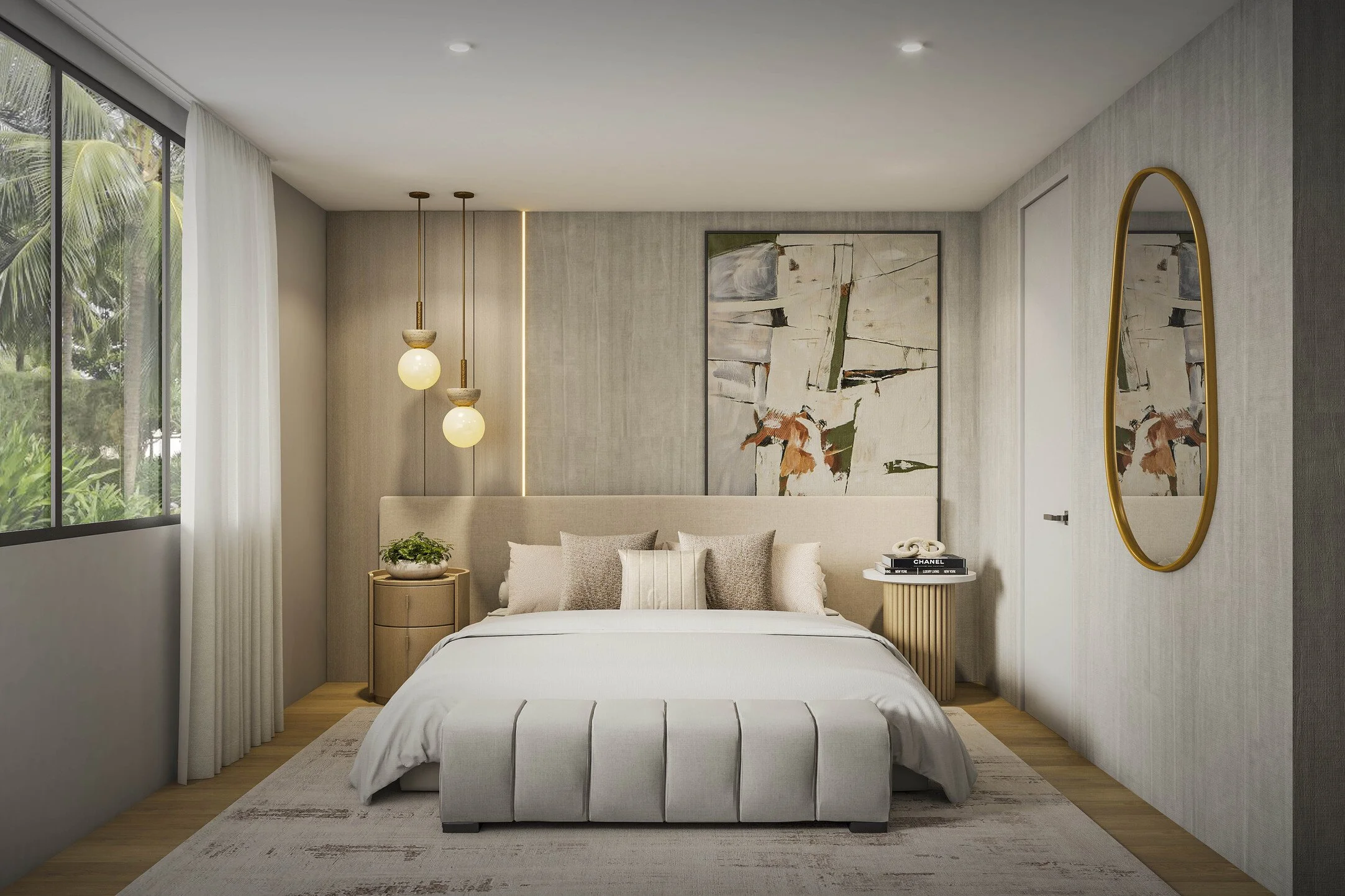 A welcoming bedroom designed with soft neutral tones, wall art,  layered textures, and clean lines to create a calm and comfortable retreat. Thoughtfully selected furnishings and refined details enhance the sense of warmth and sophistication, offerin