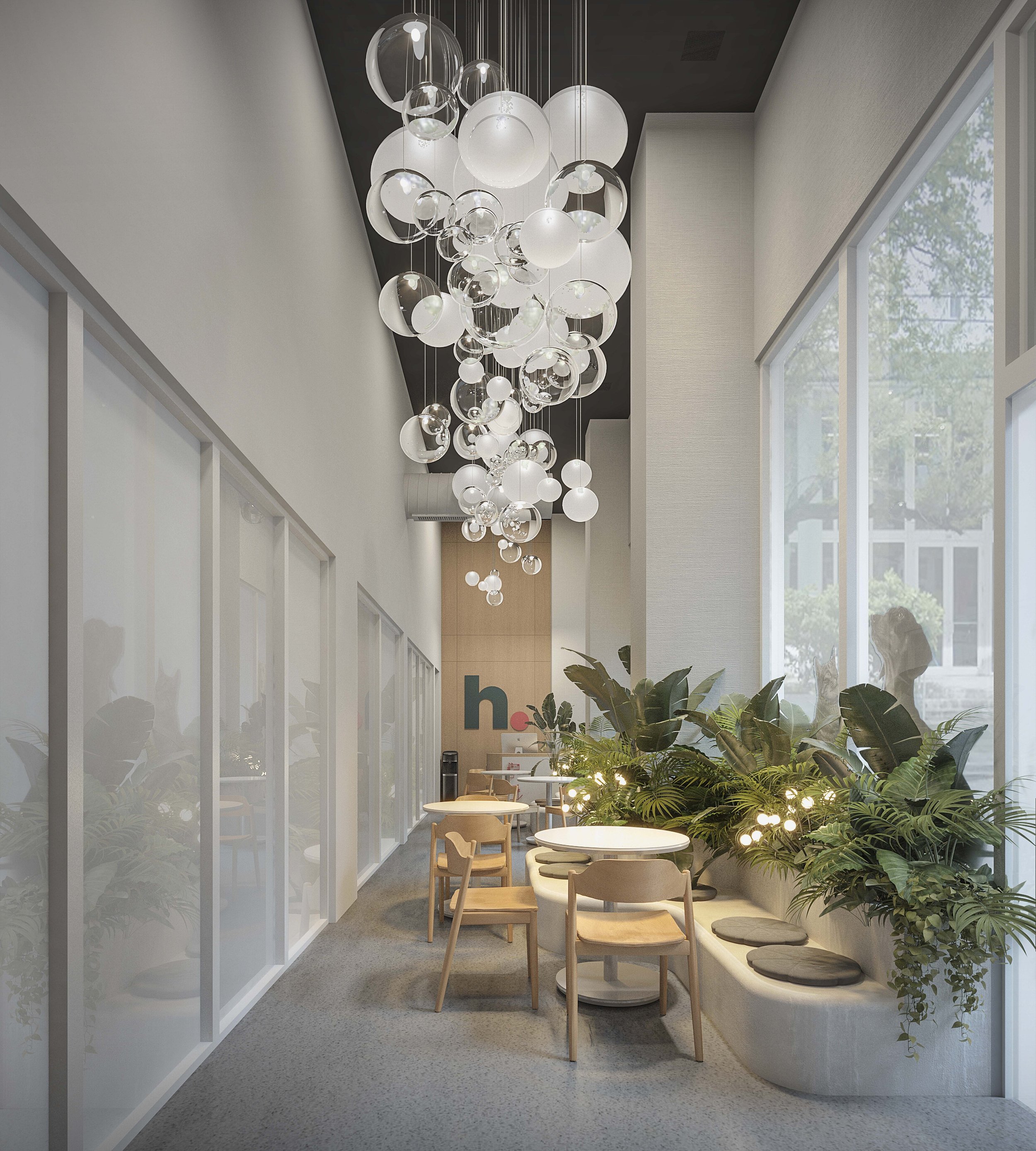 Modern veterinary clinic designed with custom organic furniture featuring soft, fluid shapes that serve as waiting areas for both pets and their owners. Lush greenery, sculptural lighting, and thoughtfully integrated seating create a warm, inviting a