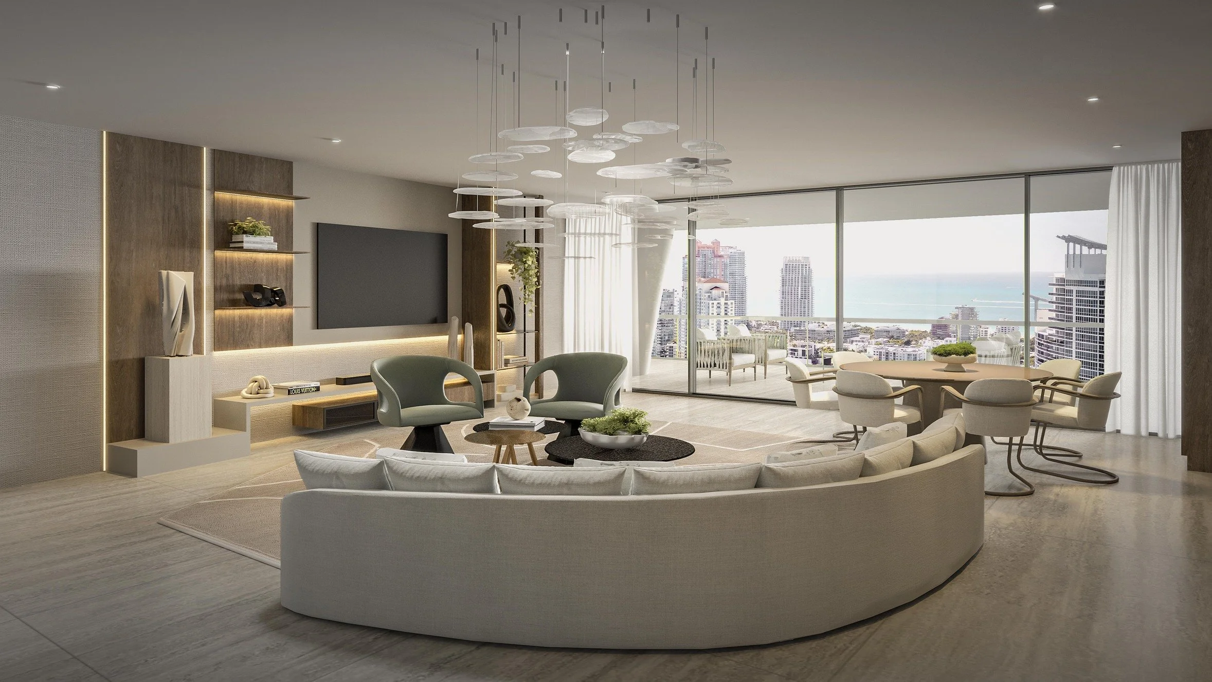 A sophisticated living room featuring a custom built-in with a TV wall, open shelving, warm wood finishes, and integrated LED lighting. A sculpture pedestal adds a gallery-inspired touch, while a curved sofa, irregular area rug, and a statement chand