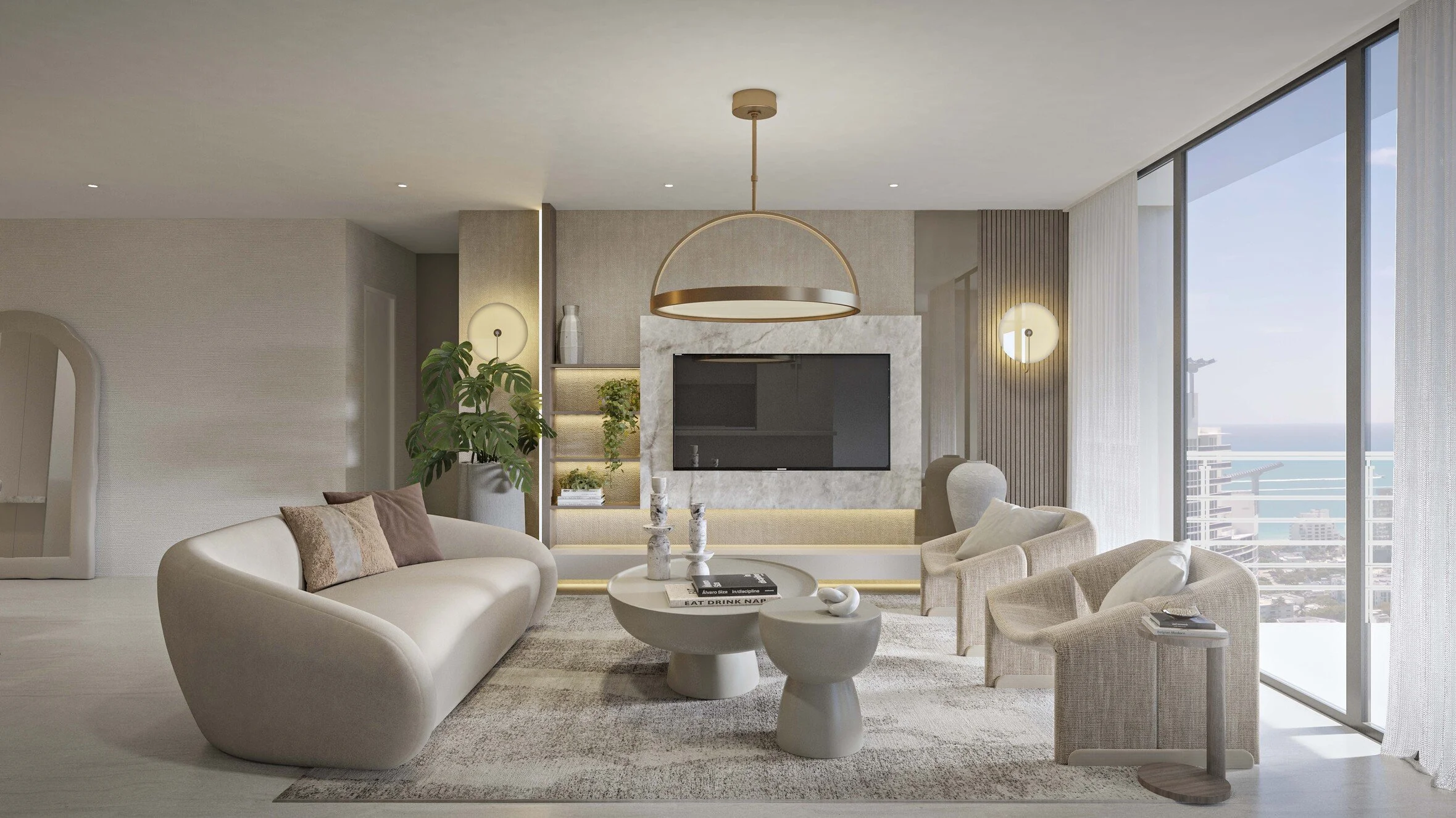 An inviting family room designed with comfort and elegance in mind. The custom TV media wall combines stone and wood details, with open shelving for display and integrated lighting that adds warmth. 