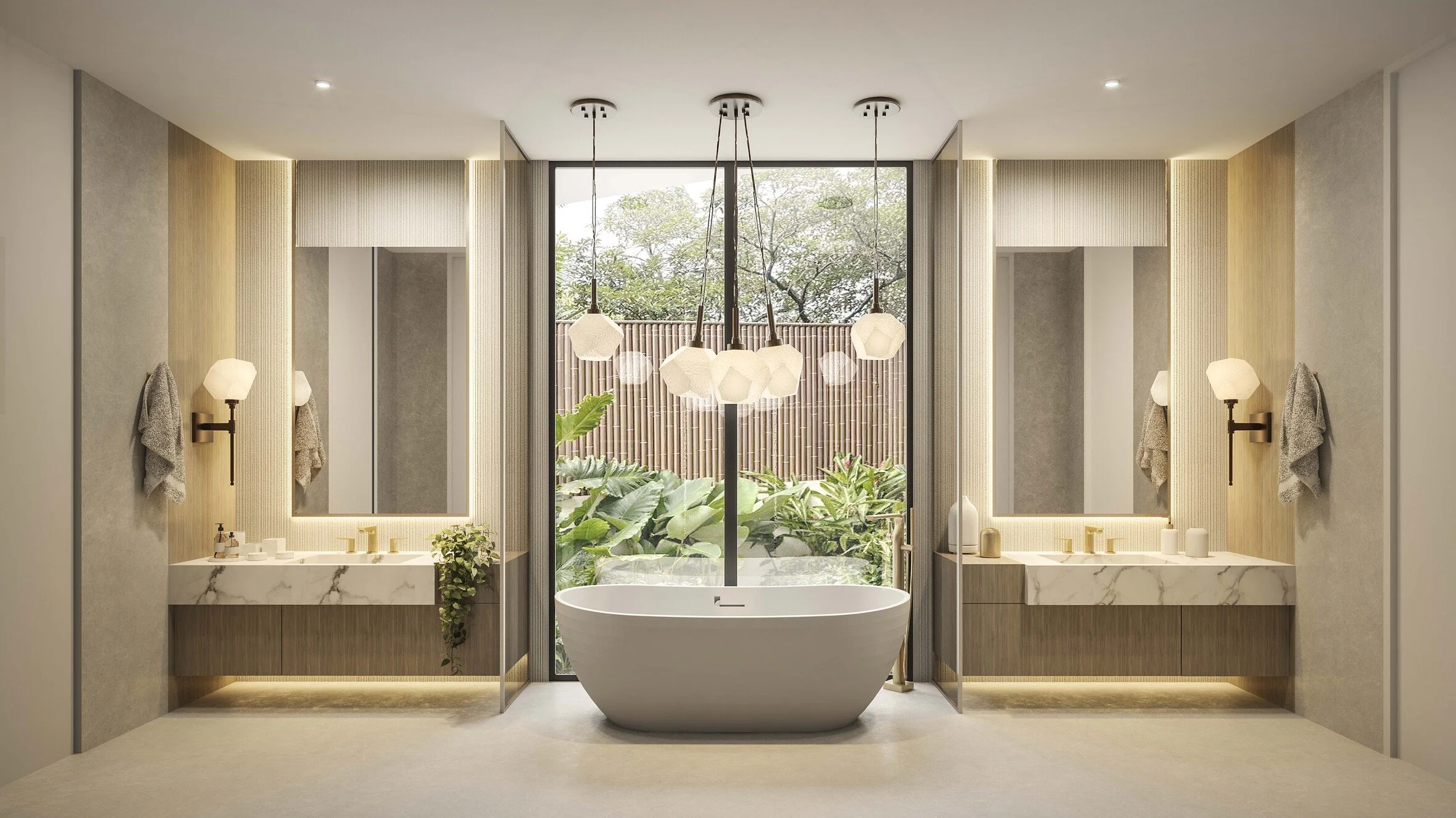 A luxurious primary bathroom designed with a symmetrical layout, featuring dual vanities positioned on either side of a freestanding tub, accented by a statement chandelier above. A spacious walk-in shower with dual shower heads and separate toilet a