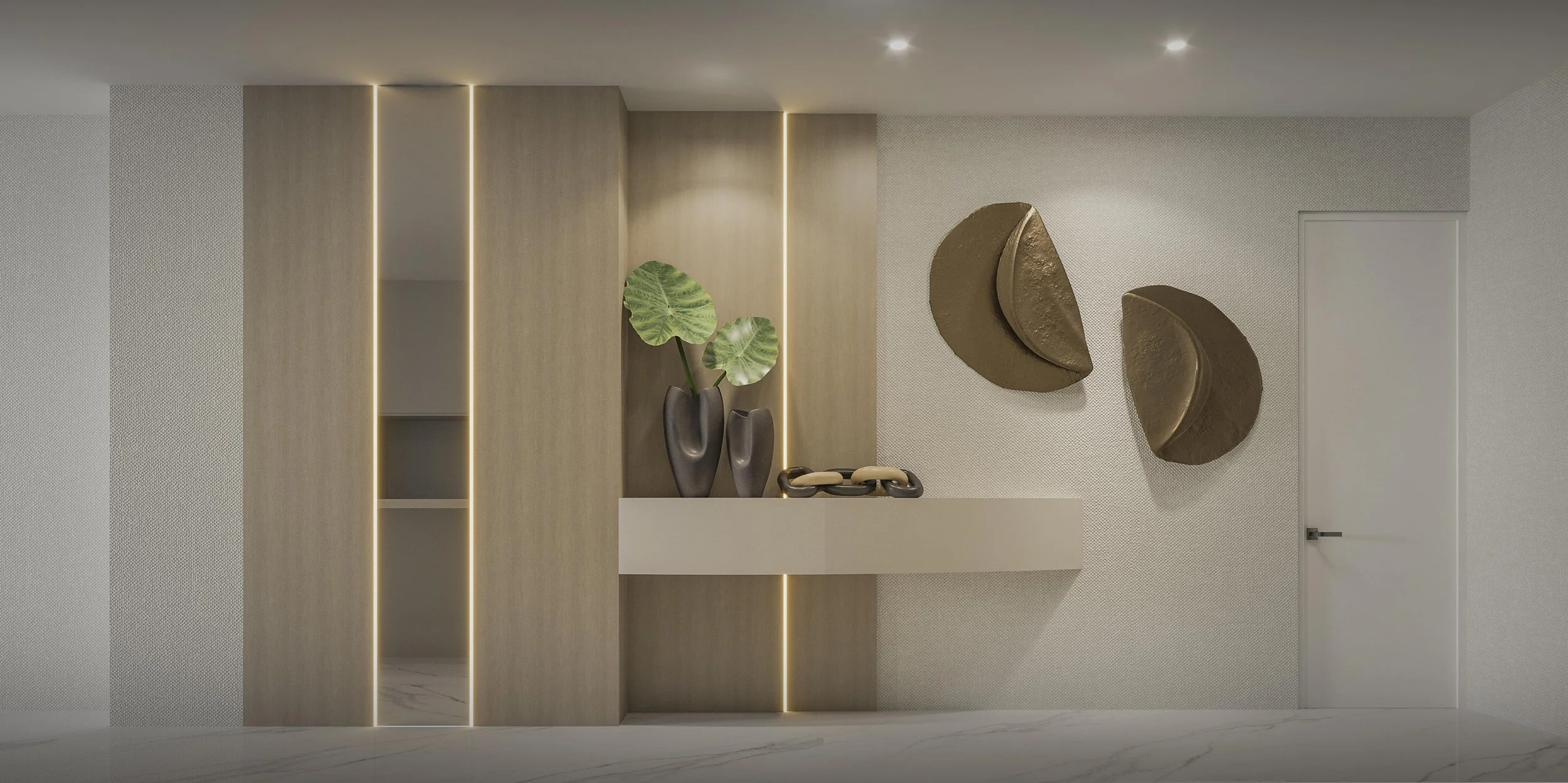 A warm and sophisticated foyer featuring wood panel detailing that adds texture and depth to the space. A sculptural curved console, statement mirror, and curated wall sculptures create an elegant focal point, while carefully selected accessories com