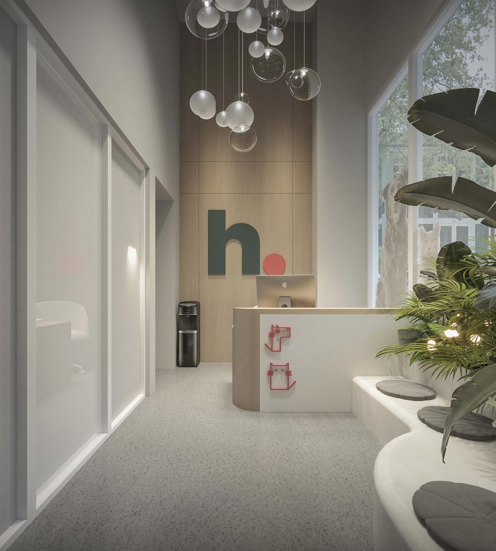 Modern veterinary clinic designed with custom organic furniture featuring soft, fluid shapes that serve as waiting areas for both pets and their owners. Lush greenery, sculptural lighting, and thoughtfully integrated seating create a warm, inviting a