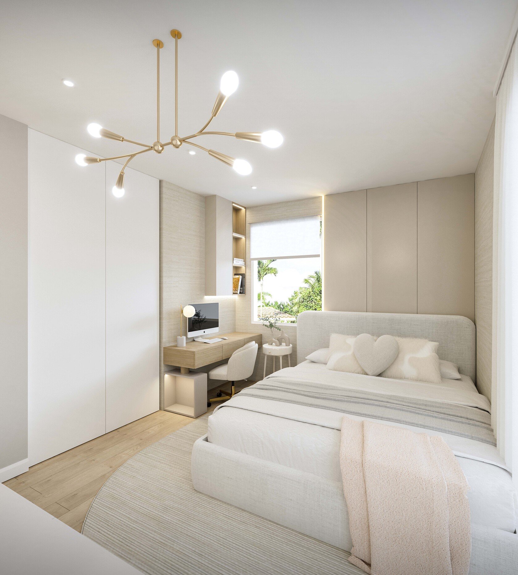 Elegant and beautiful girl's bedroom with soft neutral tones. Featuring a cozy bed, a stylish built-in desk, and warm lighting, this space is perfect for rest and productivity