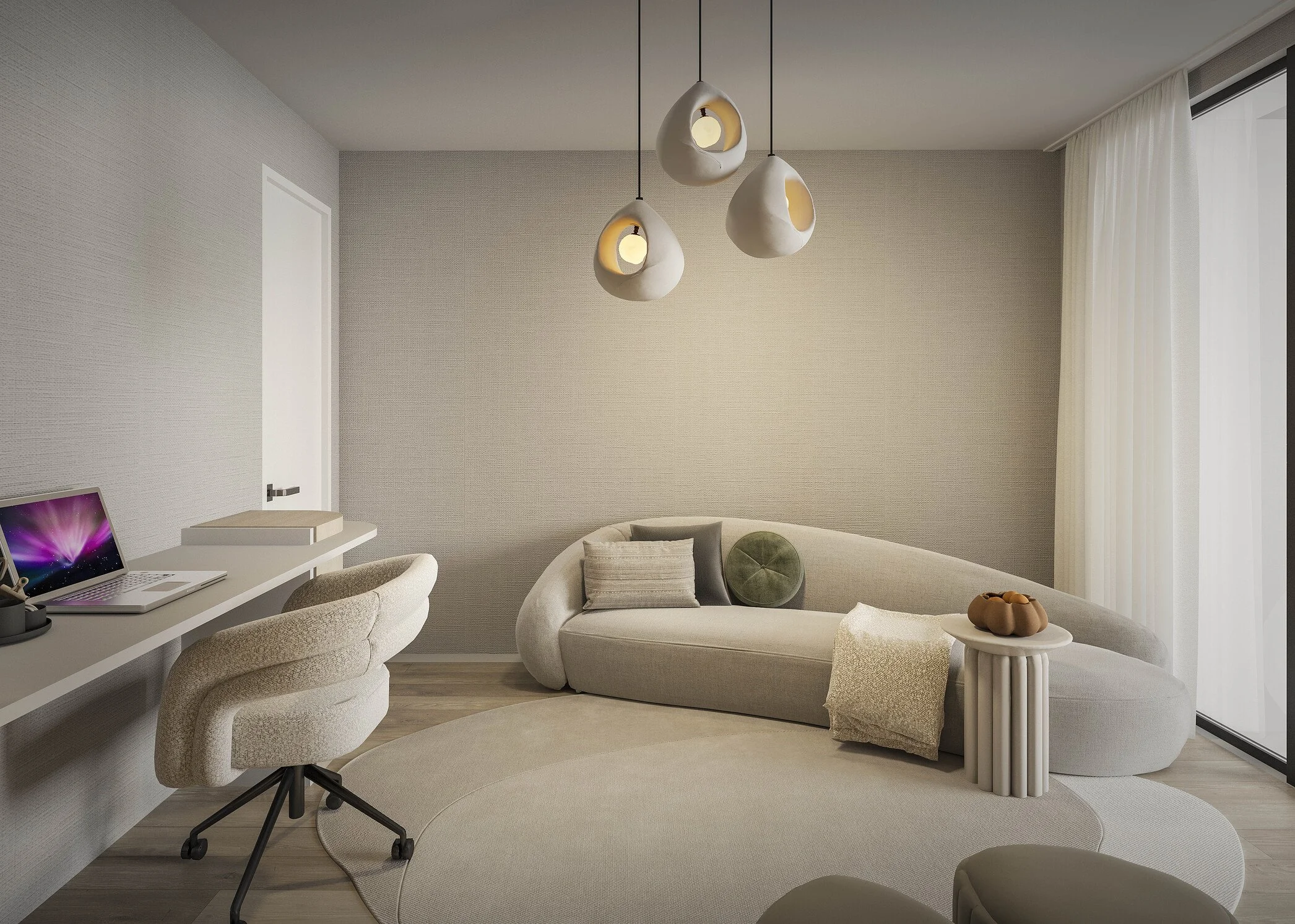 A bright and feminine home office designed with soft tones, warm wood paneling, and a custom built-in that blends functionality with elegance. A wall-mounted TV and comfortable sofa create a relaxed and versatile environment, while clean lines and re