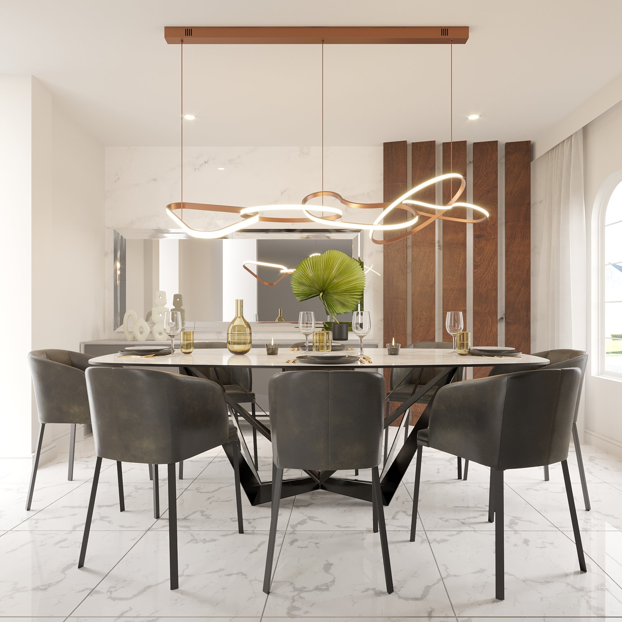 This luxurious living room has a high end LED pendent chandelier and dark wood paneling accents to create a sophisticated ambiance.