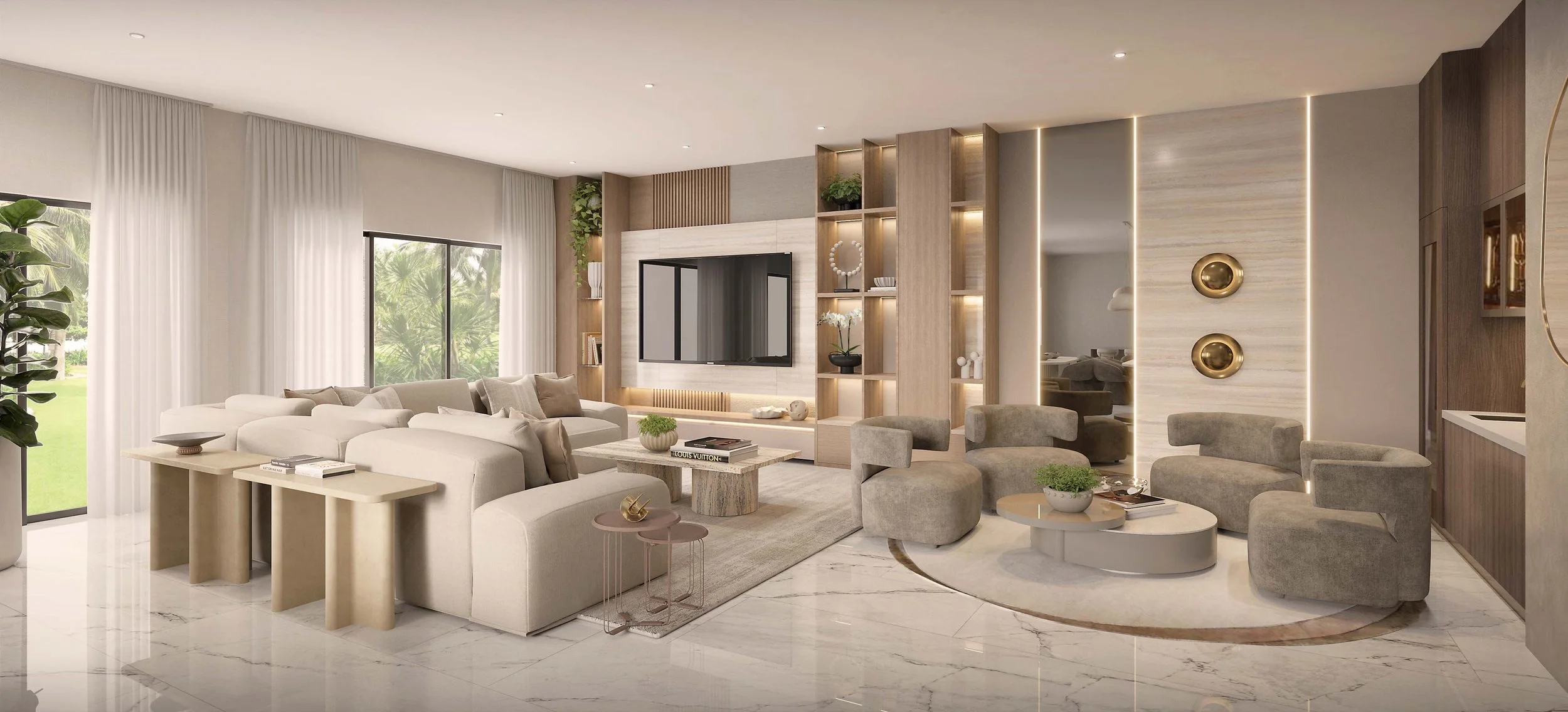 A warm and inviting family room featuring a spacious sectional sofa and a custom built-in media wall that creates a cozy architectural focal point. Integrated bar area with seating space perfect for entertainment