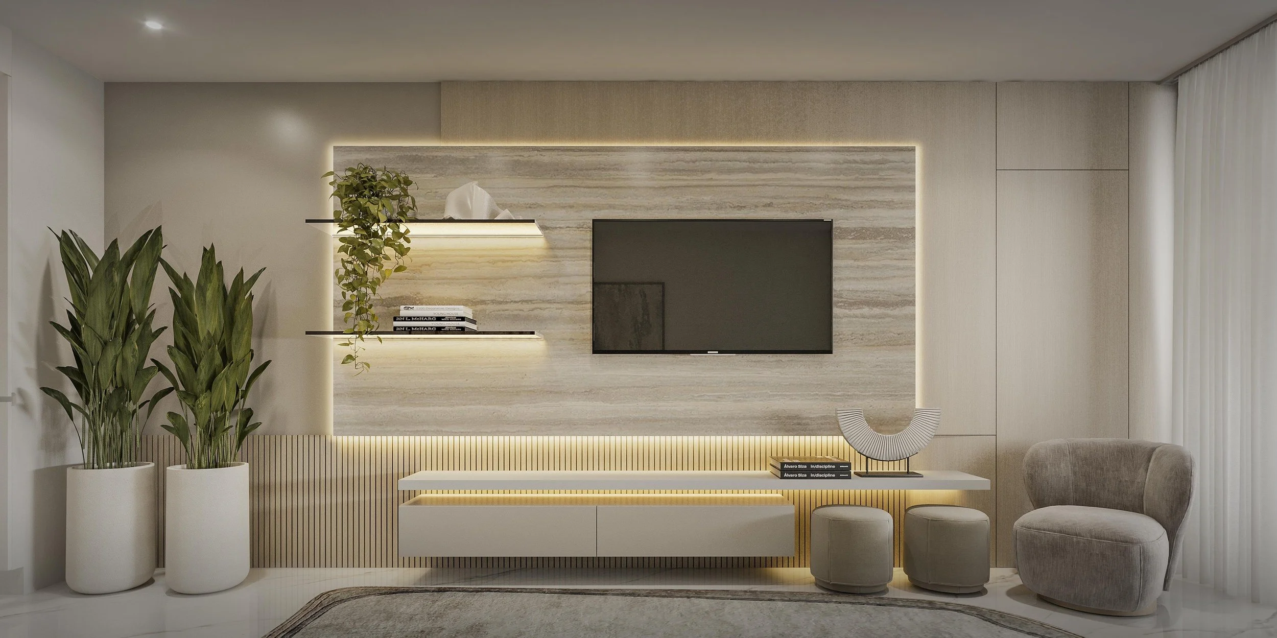 A custom media wall designed with a sophisticated combination of natural stone, warm wood paneling, and integrated shelving for a refined and functional look. A tailored console and hidden wood-paneled door create a seamless architectural composition