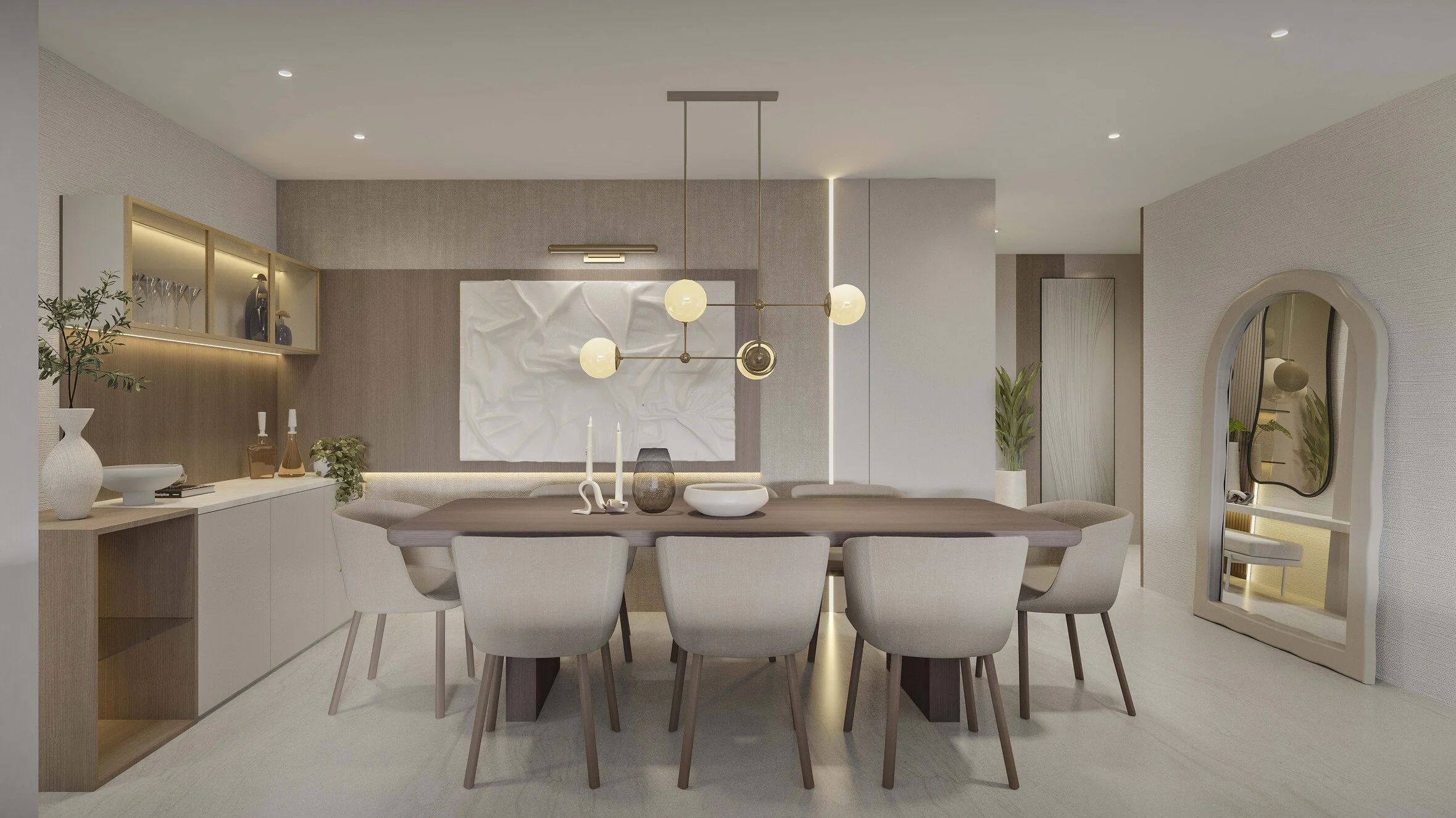 An elegant dining space designed for both style and comfort, featuring a custom built in. The statement chandelier adds movement and warmth, while built-in shelving with integrated lighting showcases glassware and décor.