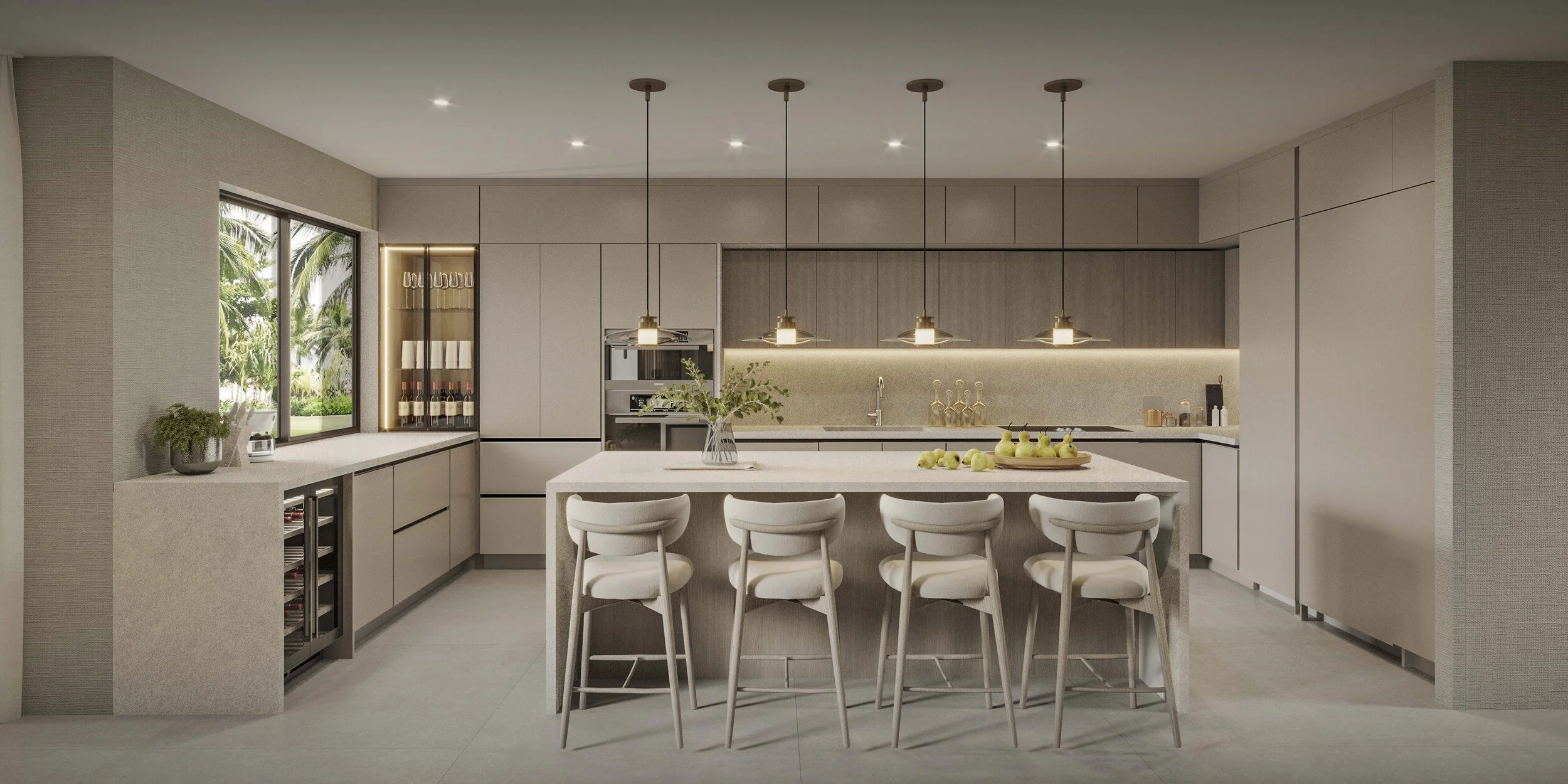 A sophisticated open-concept kitchen designed to feel both contemporary and inviting. A generous kitchen island creates a natural gathering point, complemented by sleek pendant lighting that adds warmth and visual interest. Taj Mahal stone is feature