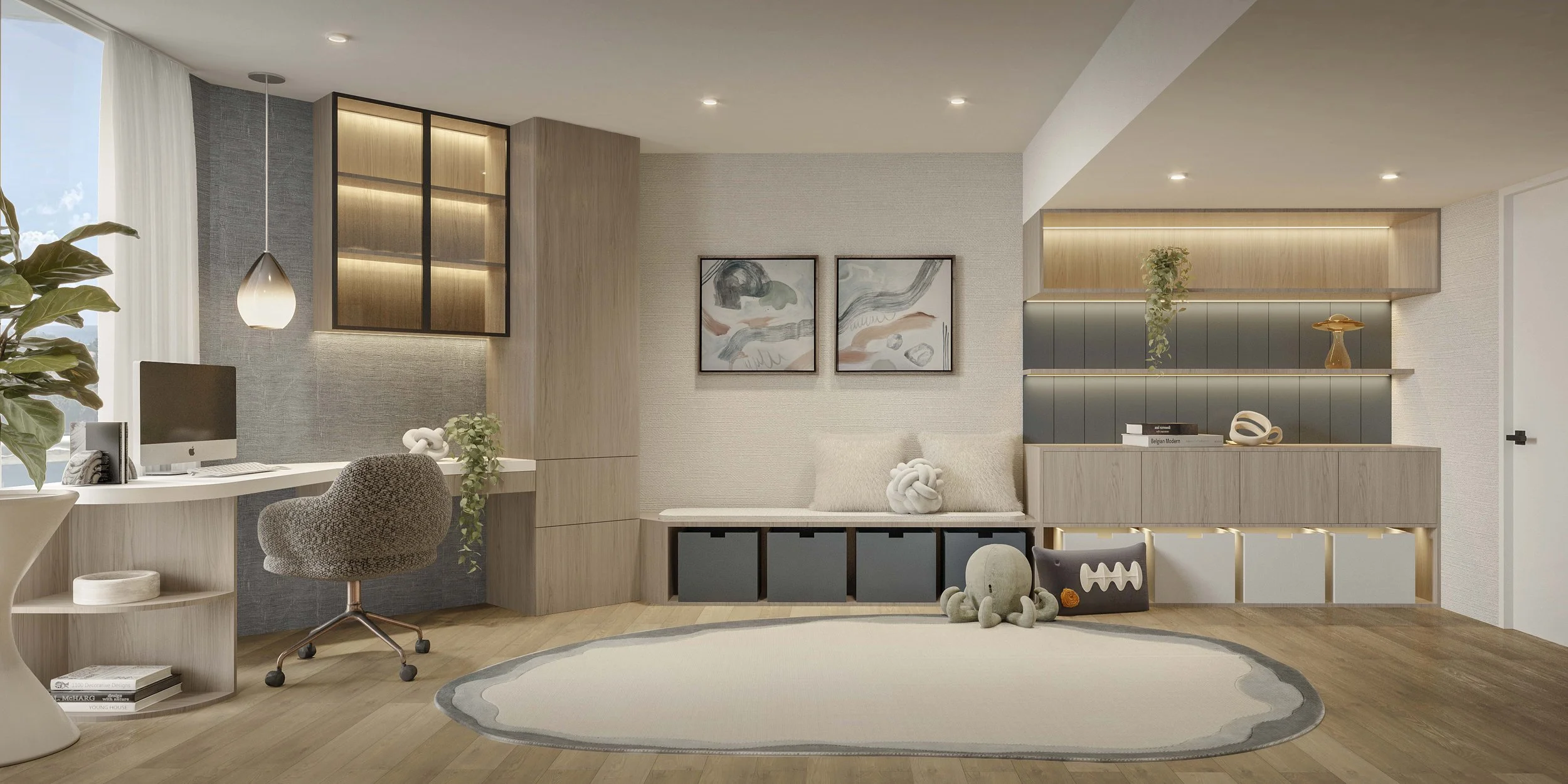 A playful yet functional kids’ playroom designed with ample storage, blue accents, and warm wood details. A dedicated desk area supports creativity and learning, creating a space that is both fun and organized.