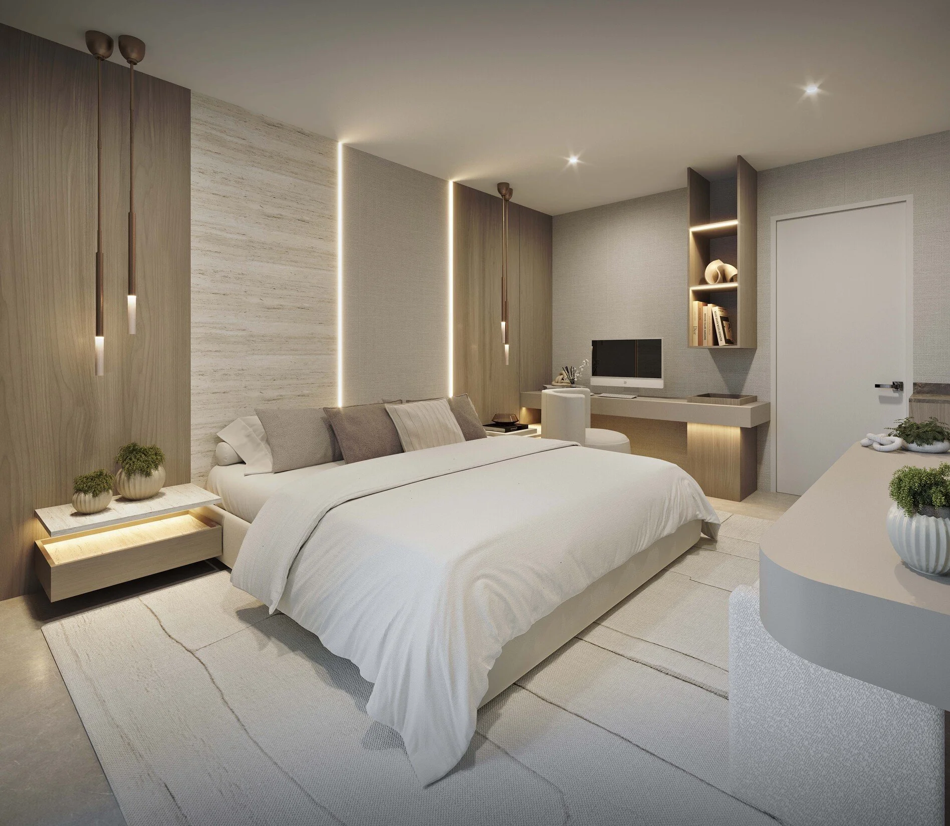 A modern primary bedroom featuring a custom wood-paneled headboard accented with stone details and integrated LED lighting for a warm, elevated look. A custom desk area and a clean, minimalist media wall enhance both functionality and comfort, creati
