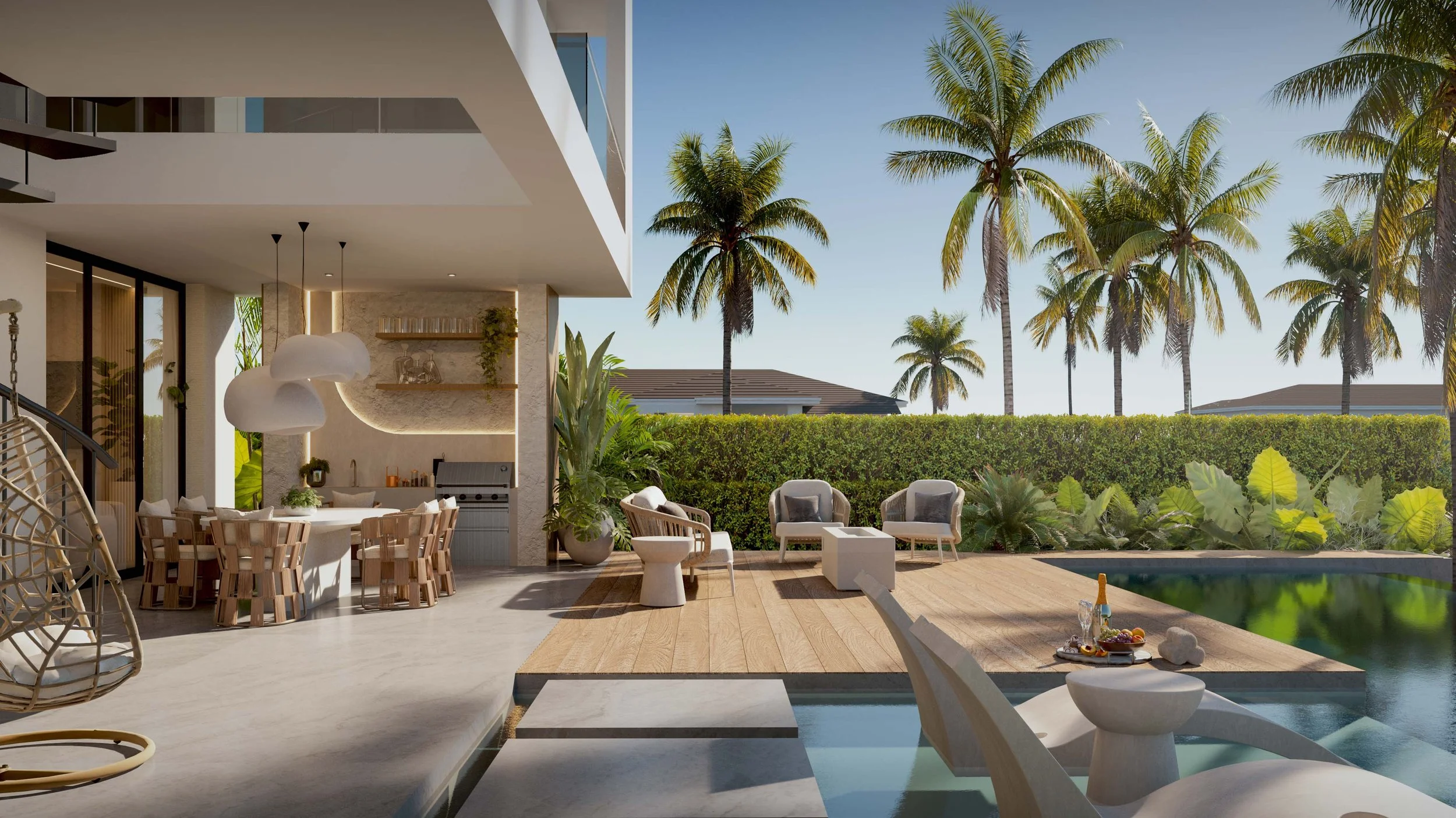 The outdoor area extends the living experience, offering a seamless connection to the surrounding environment. Designed as an extension of the interior, it provides a perfect setting to unwind while enjoying the coastal ambiance.