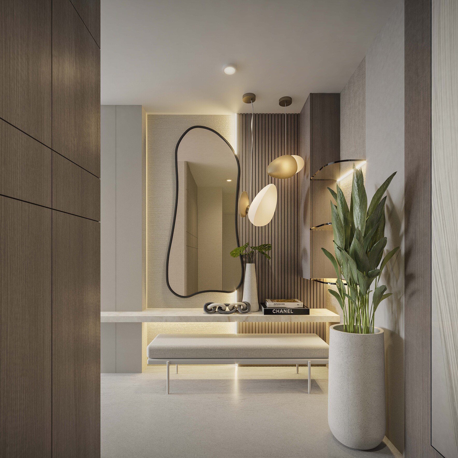 A welcoming foyer featuring a custom built-in with open shelving, mirror, and a sleek console. The addition of a bench creates both functionality and elegance, setting the tone for the rest of the home.