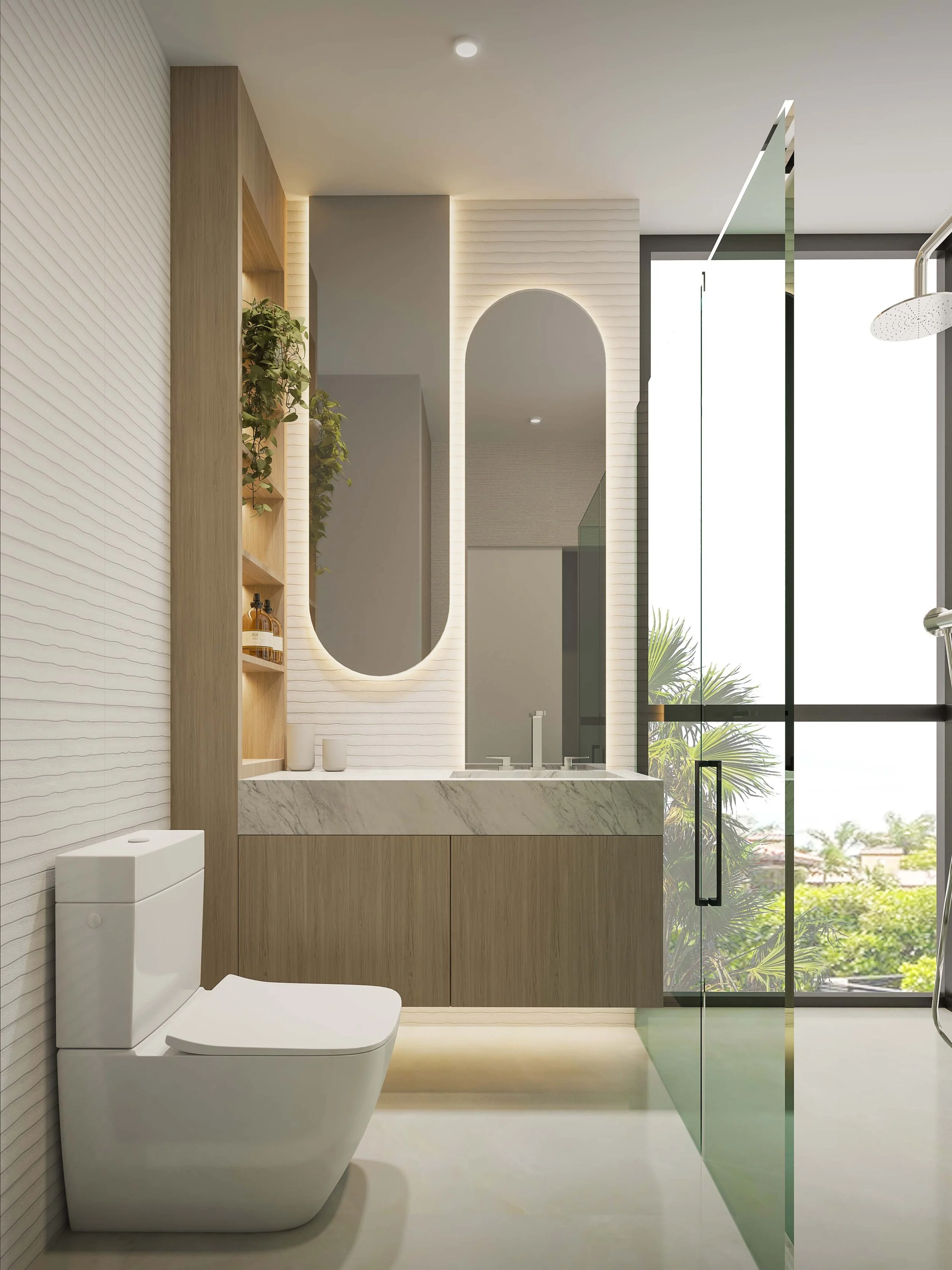 A well-appointed bathroom featuring custom mirrors and integrated storage solutions that enhance both functionality and design. Clean lines, refined finishes, and a neutral palette create a cohesive and modern space, where every detail is thoughtfull