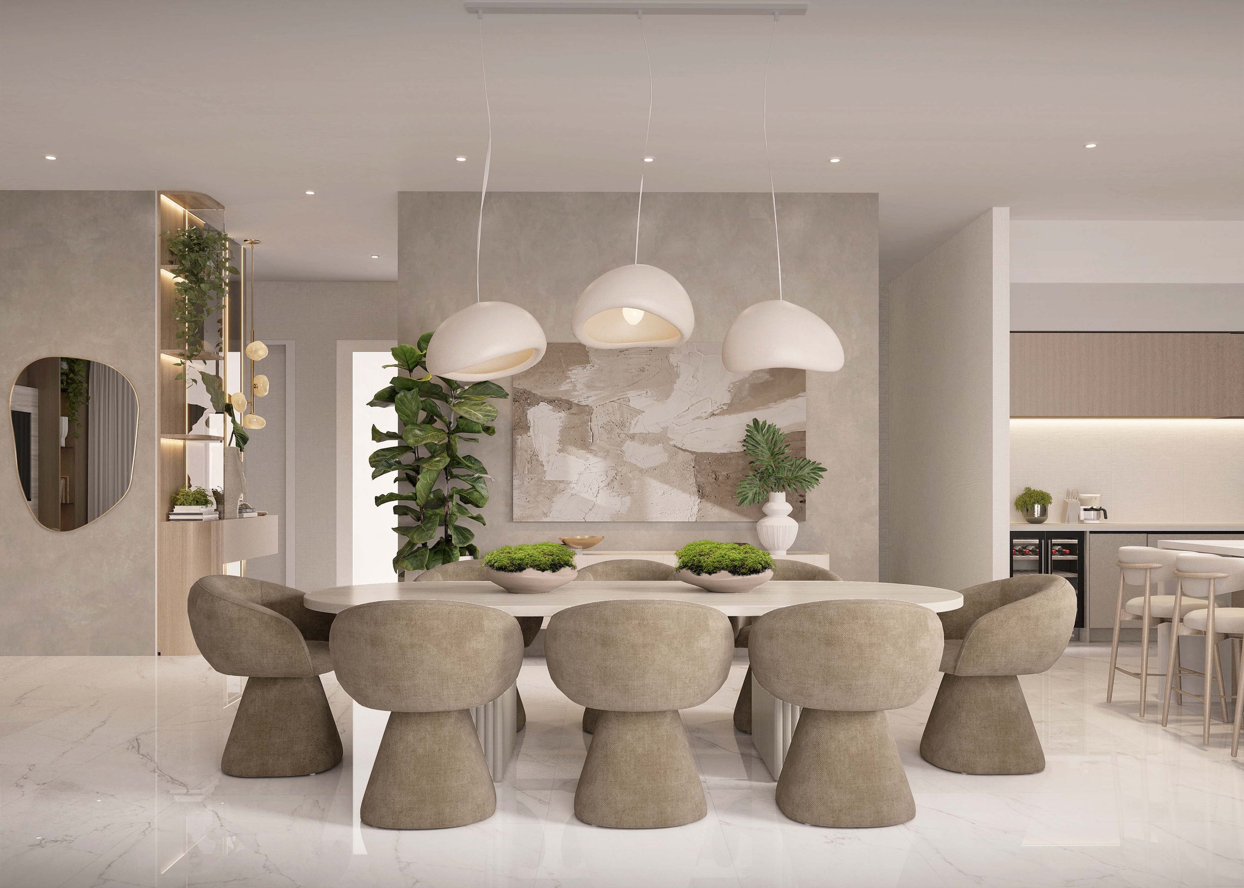 An elegant and inviting dining room designed around a sculptural chandelier with dynamic, flowing movement that becomes the focal point of the space. Warm natural materials, refined textures, and a sophisticated neutral palette create an elevated yet