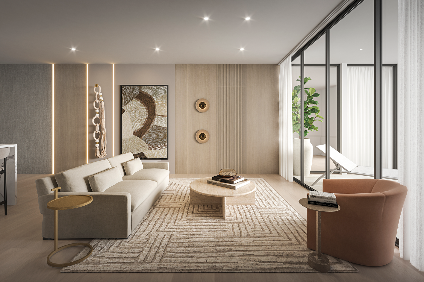 A refined living room featuring a custom accent wall with a seamlessly integrated hidden door, creating a clean and sophisticated architectural statement. Curated wall art, sculptural décor, and elegant sconces add depth and visual interest, while la