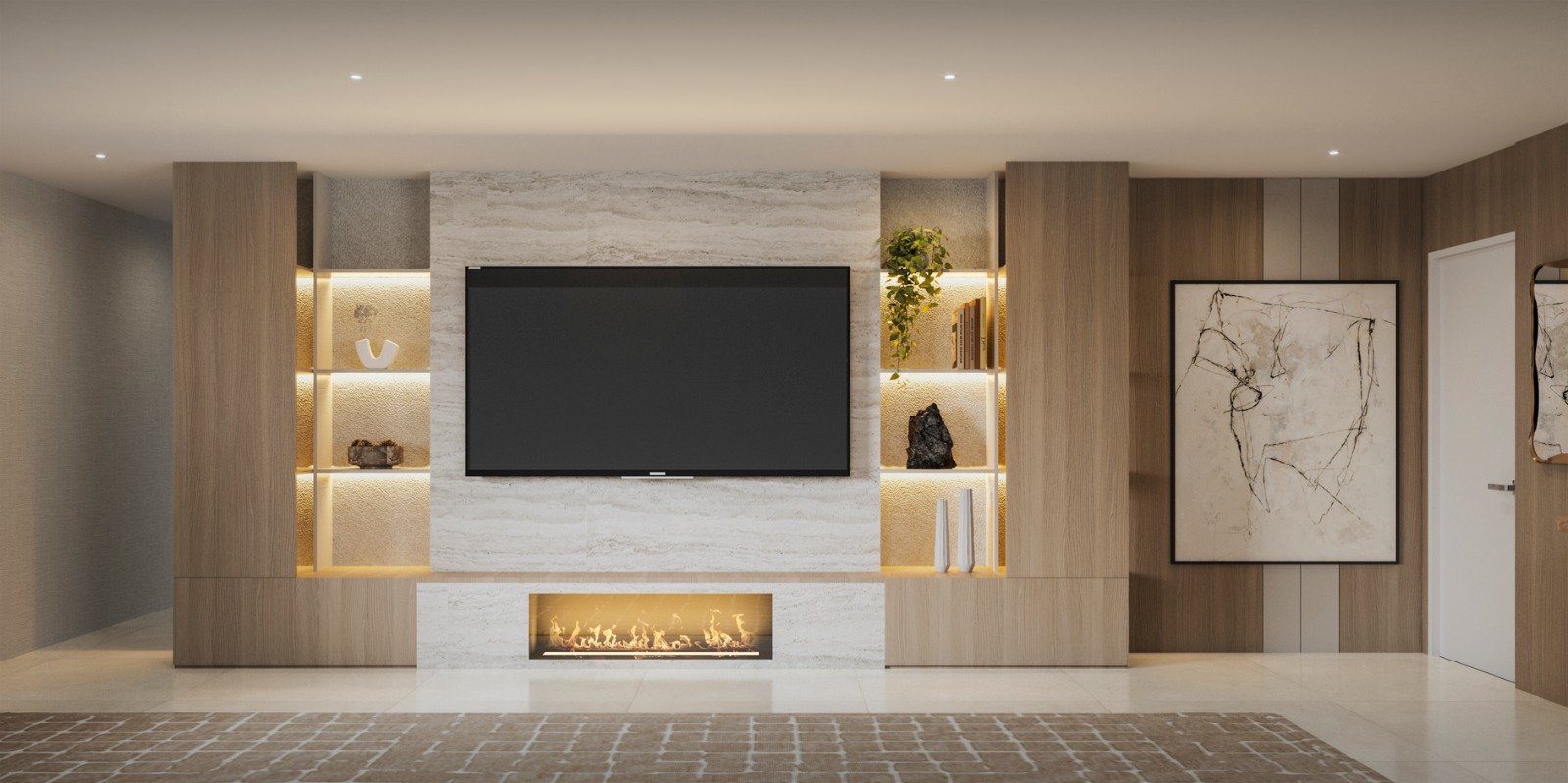 A custom built-in designed for the living room, featuring a warm wood finish paired with a stone wall art backdrop. The integrated TV blends seamlessly into the design, creating a balanced composition that feels both modern and timeless.