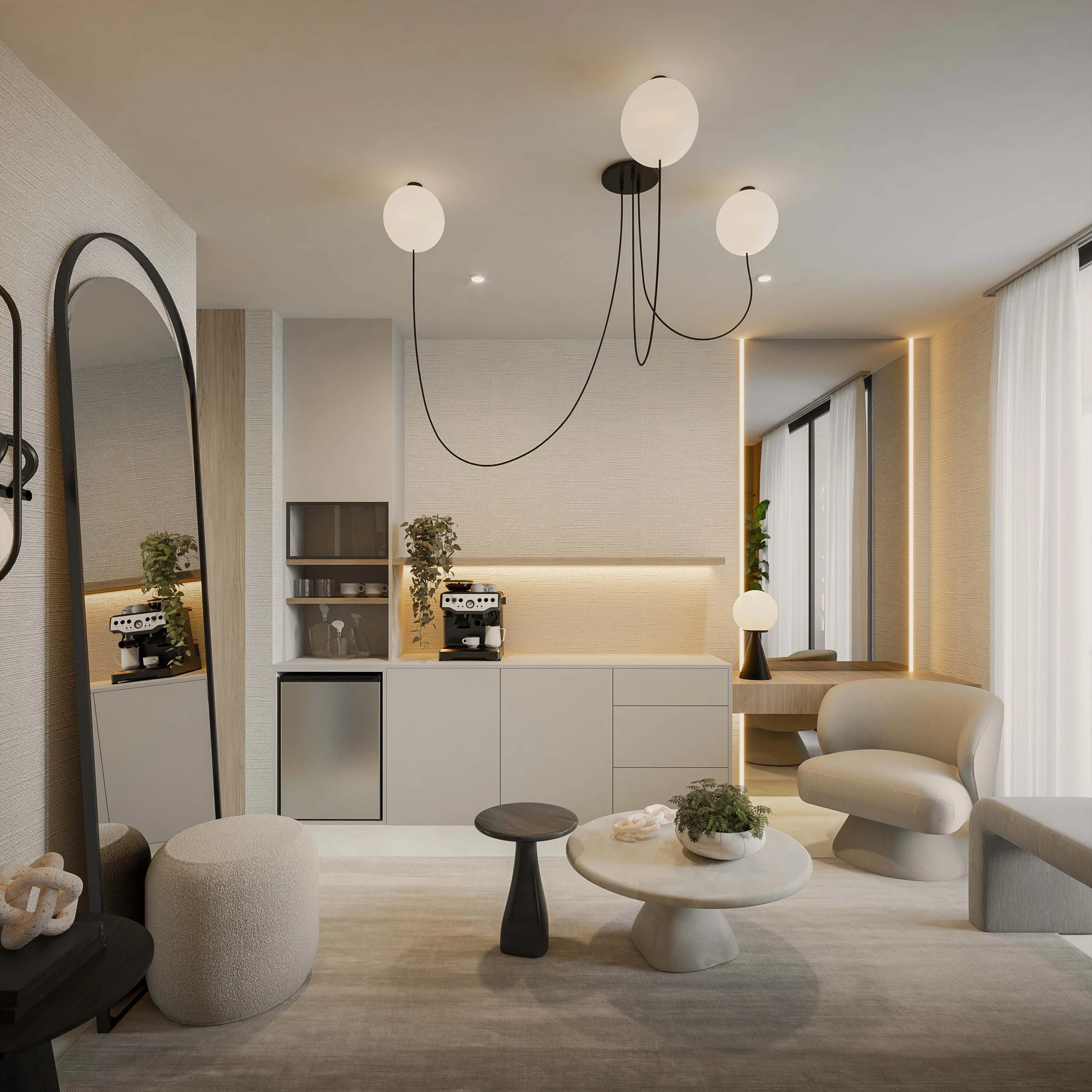 A welcoming lounge room designed for both relaxation and functionality, featuring a built-in coffee station that elevates the everyday experience. Warm materials, soft lighting, and a neutral palette create a cozy yet refined atmosphere, making it an