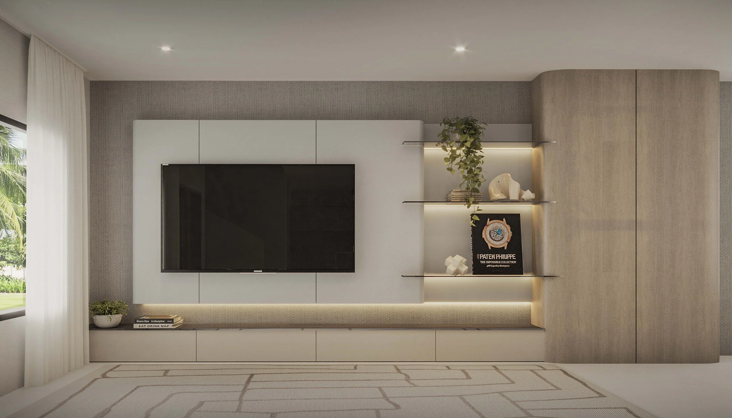 A custom media wall featuring soft curved accents and open shelving that bring depth and visual interest to the design. Thoughtfully integrated storage and clean architectural lines create a balanced composition, while warm finishes enhance the refin