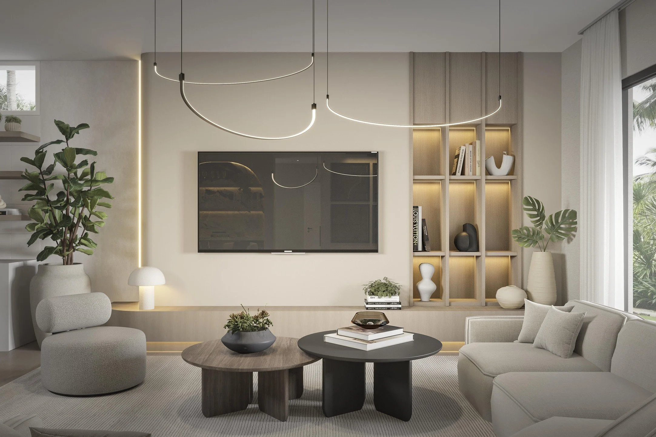 A custom media wall featuring soft curved accents and open shelving that bring depth and visual interest to the design. Thoughtfully integrated storage and clean architectural lines create a balanced composition, while warm finishes enhance the refin