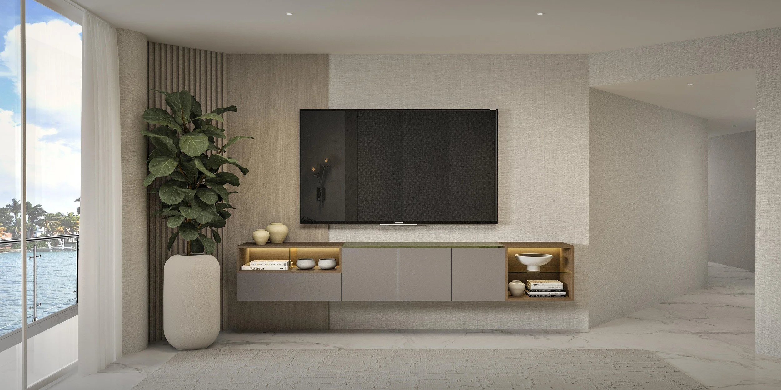A clean and understated custom media wall designed to complement the warmth and simplicity of the primary bedroom. Paired with a custom console, the design combines functionality with refined minimalism, creating a seamless and elegant focal point wi