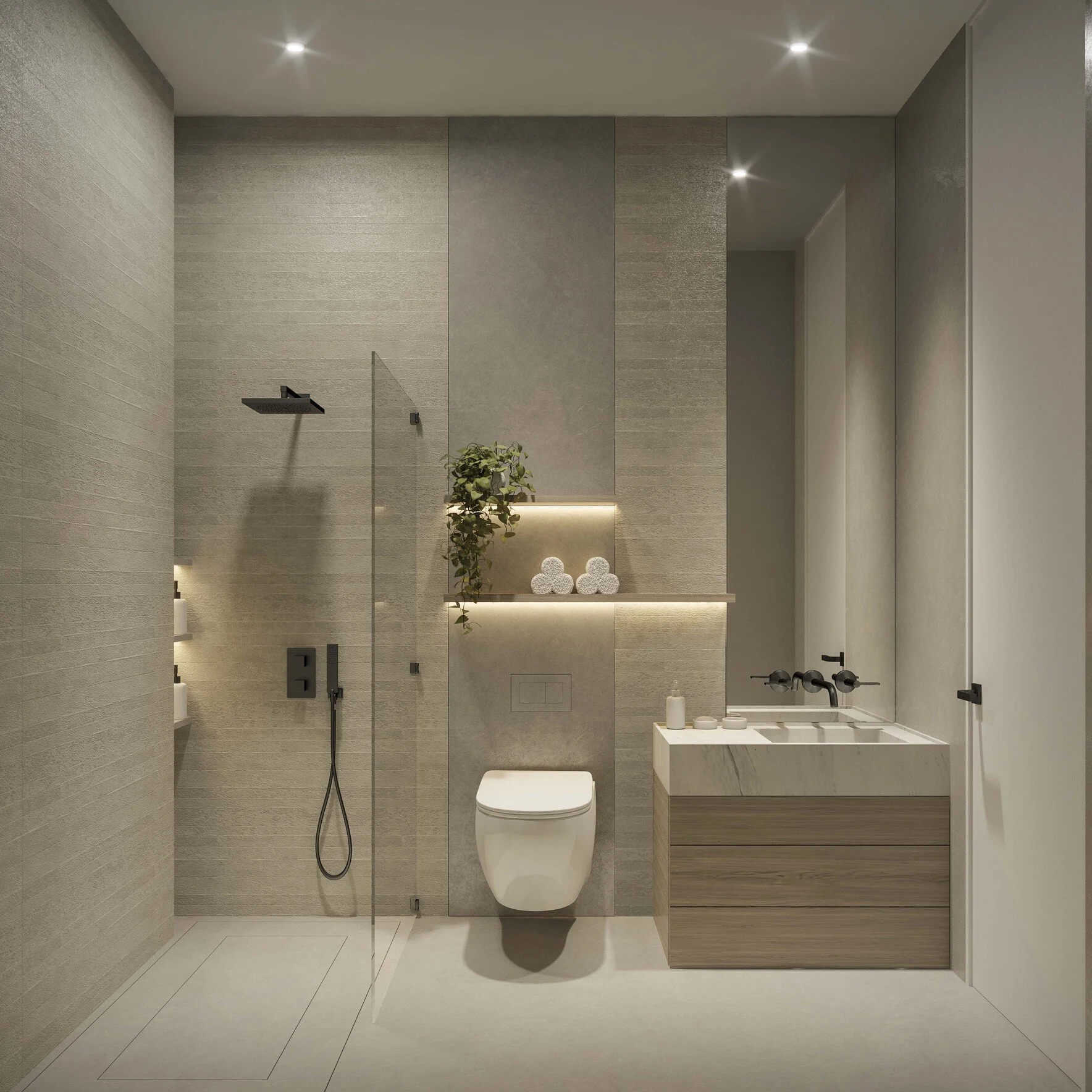 A modern bathroom featuring open shelving and a vertical mirror that enhances the sense of height and functionality. Clean lines, neutral tones, and thoughtfully integrated storage create a practical yet refined space with a contemporary feel