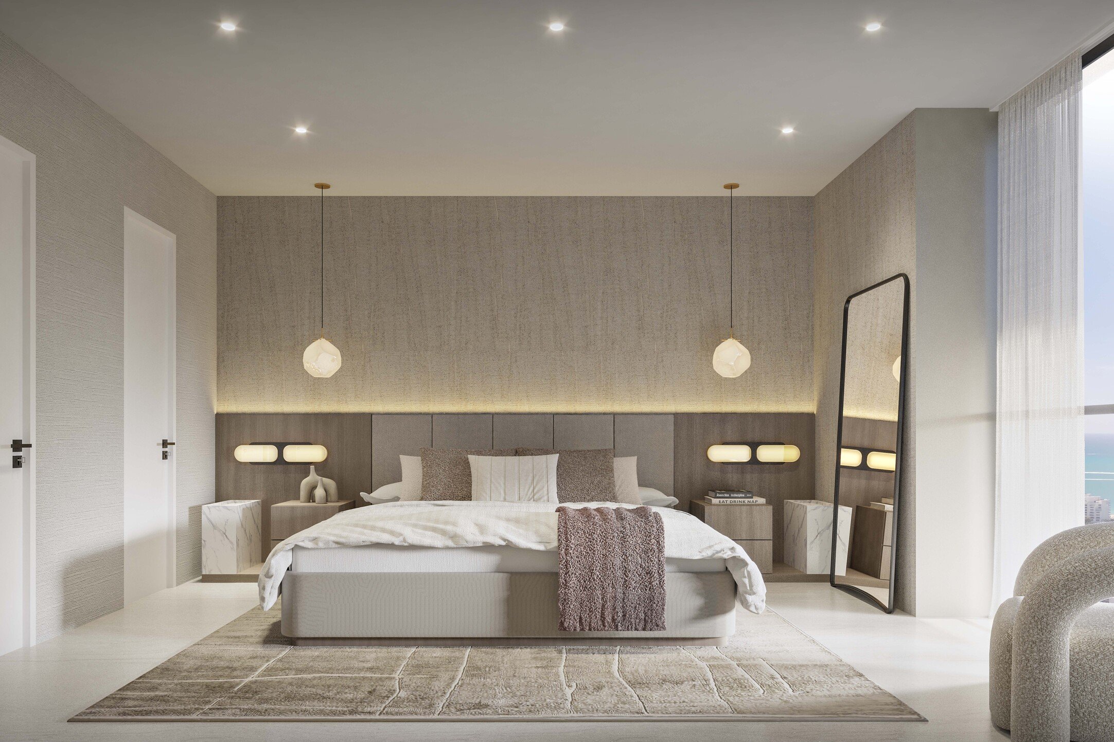 Elegant and sophisticated master bedroom.
A perfect blend of comfort and refinement, this master bedroom features a thoughtful selection of chandelier and lounge area that enhances its warm and cozy atmosphere. 