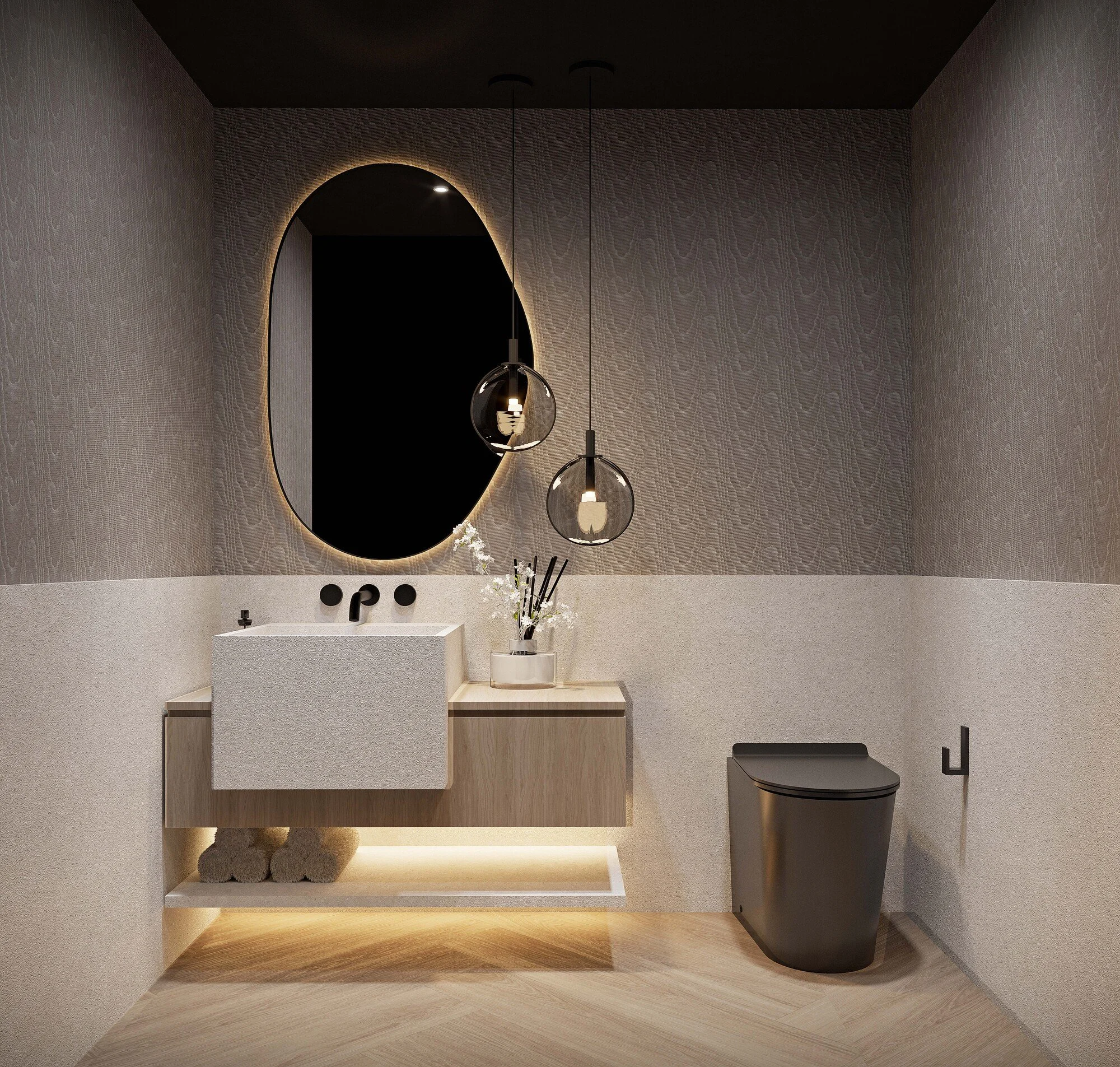 A sophisticated powder bath featuring a textured accent wallpaper that adds depth and character to the space. A custom vanity creates a tailored focal point, complemented by an irregular-shaped mirror with integrated LED lighting for a soft, sculptur
