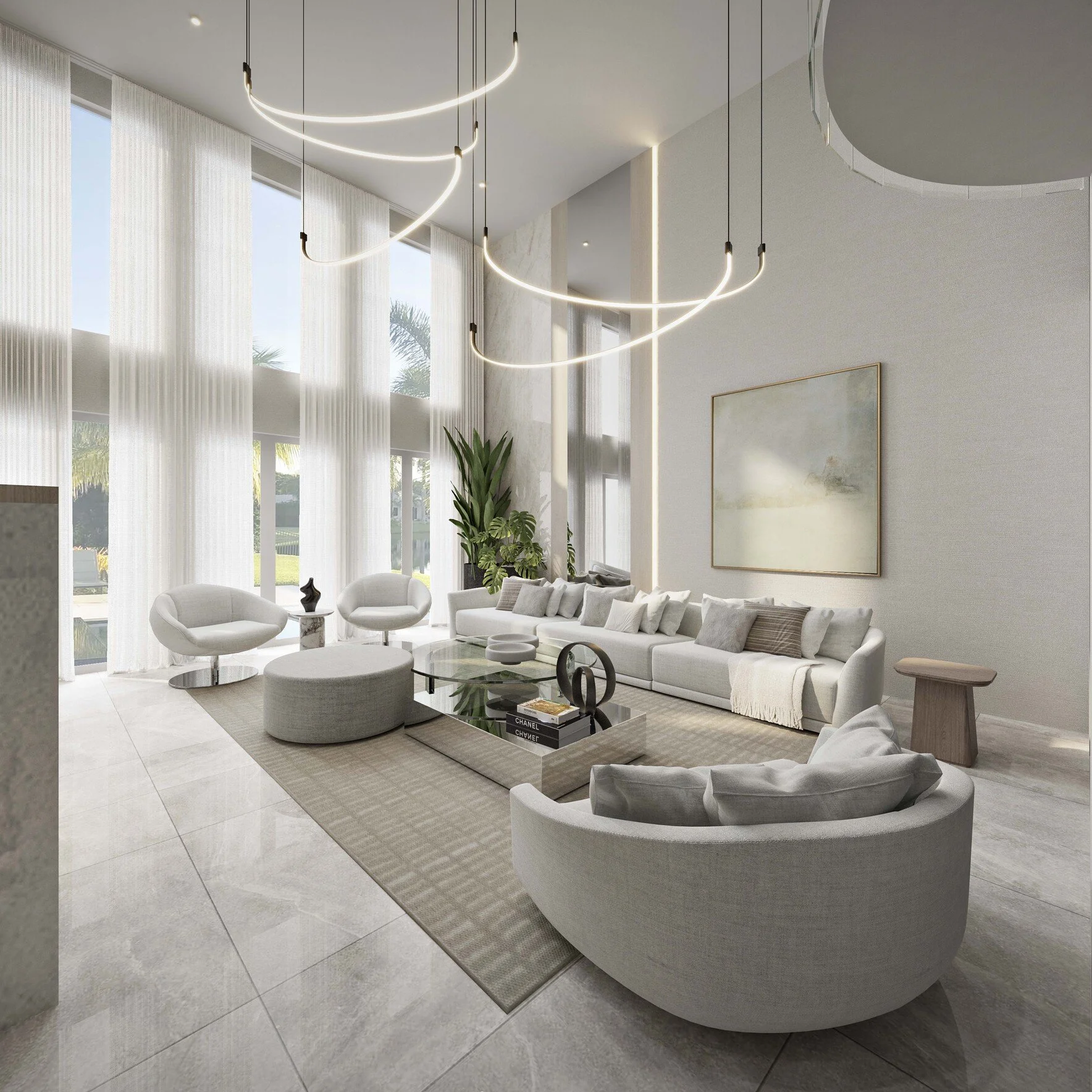 A sophisticated and elegant formal living room designed in soft, warm tones. The spacious sofa and cozy atmosphere make it the perfect space to relax or entertain.