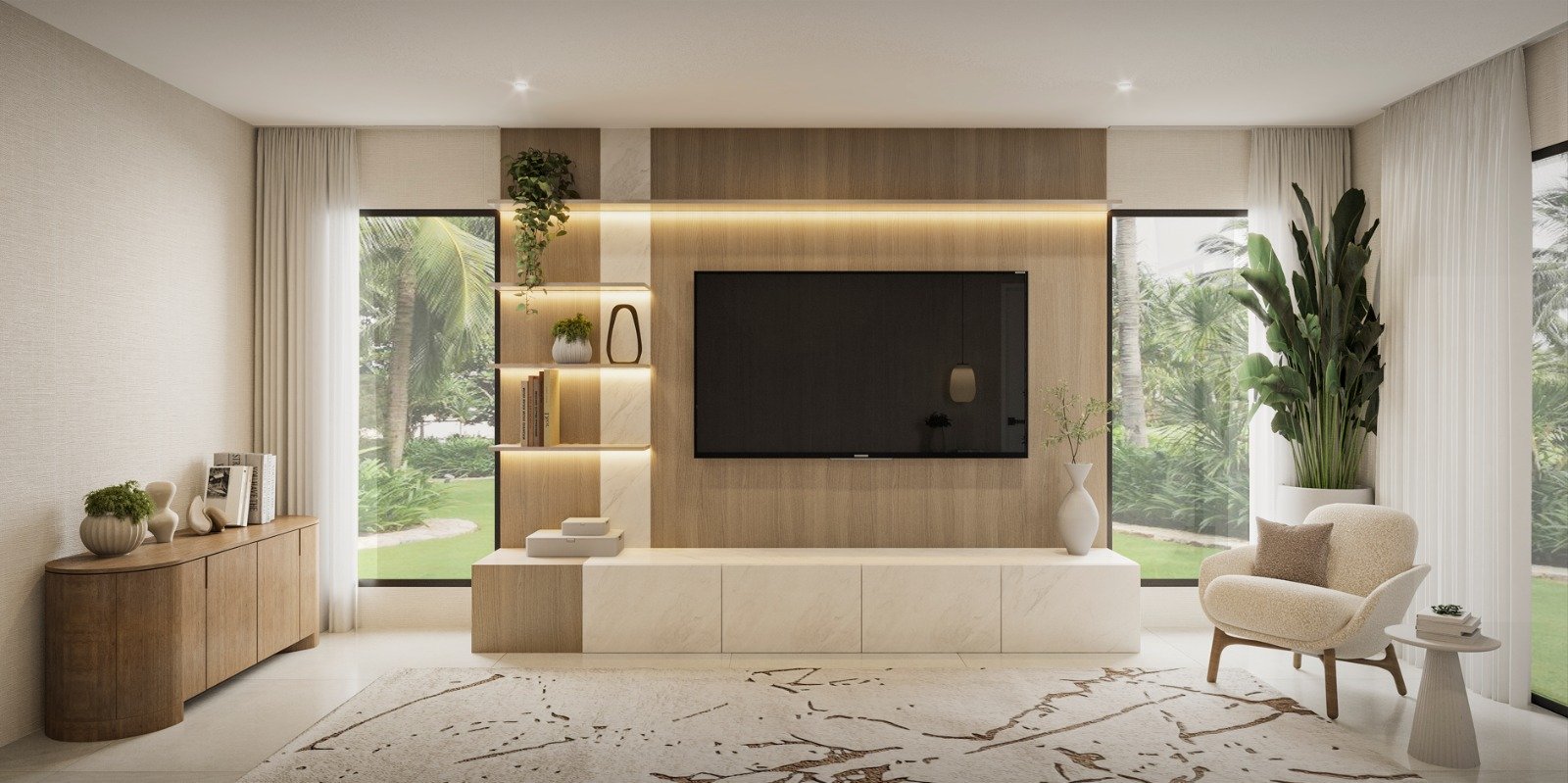 A simple and functional built-in designed for the master bedroom, featuring warm wood finishes, open shelves, and discreet storage. The clean lines create a calm, balanced look that enhances the sense of serenity in the space.