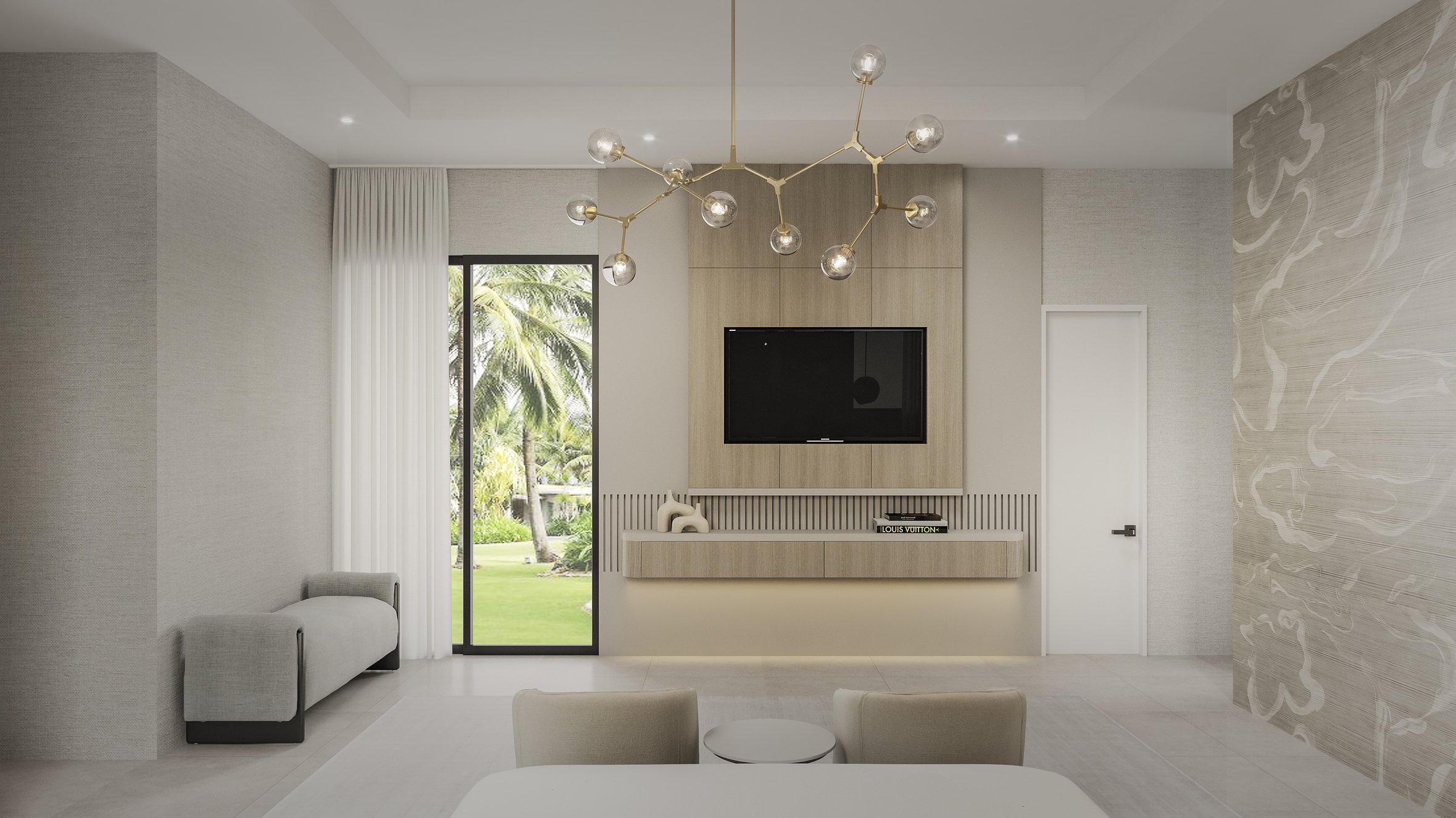 Custome modern, simple media wall built in for a master bedroom with warm tones of wood  