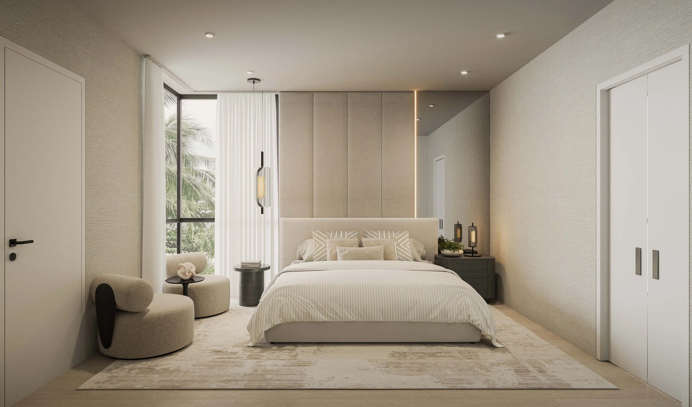 A modernbedroom anchored by a custom media wall that adds both functionality and visual depth. Clean lines, integrated desk, and a soft neutral palette create a calm and cohesive environment, enhancing comfort while maintaining a refined modern desig