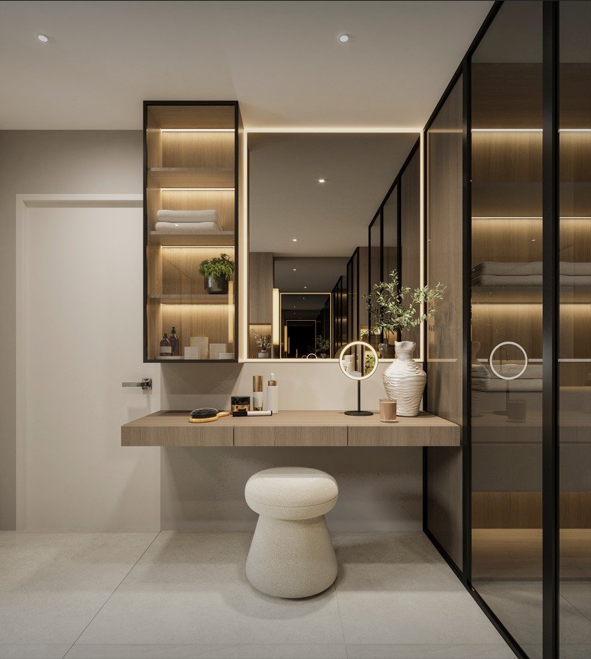 A thoughtfully designed vanity space created as a makeup station, combining clean lines and practical storage. The design balances functionality and style, offering an inviting and refined area for daily routines.