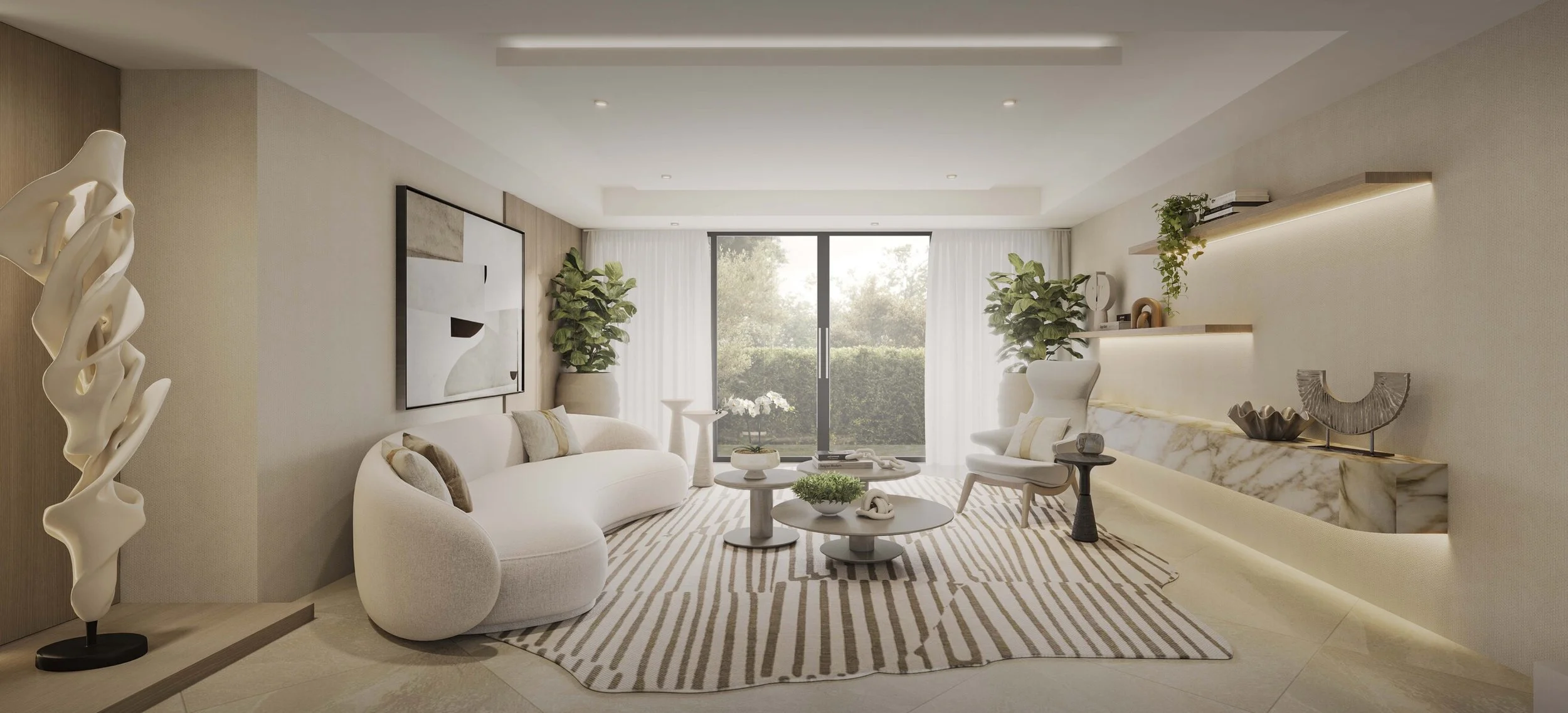 A serene and elegant multipurpose room designed in soft warm tones. The organic shapes, sculptural elements, and warm lighting create a refined yet comfortable atmosphere. This room is perfect for relaxing, entertaining guests, or showcasing art. Cus