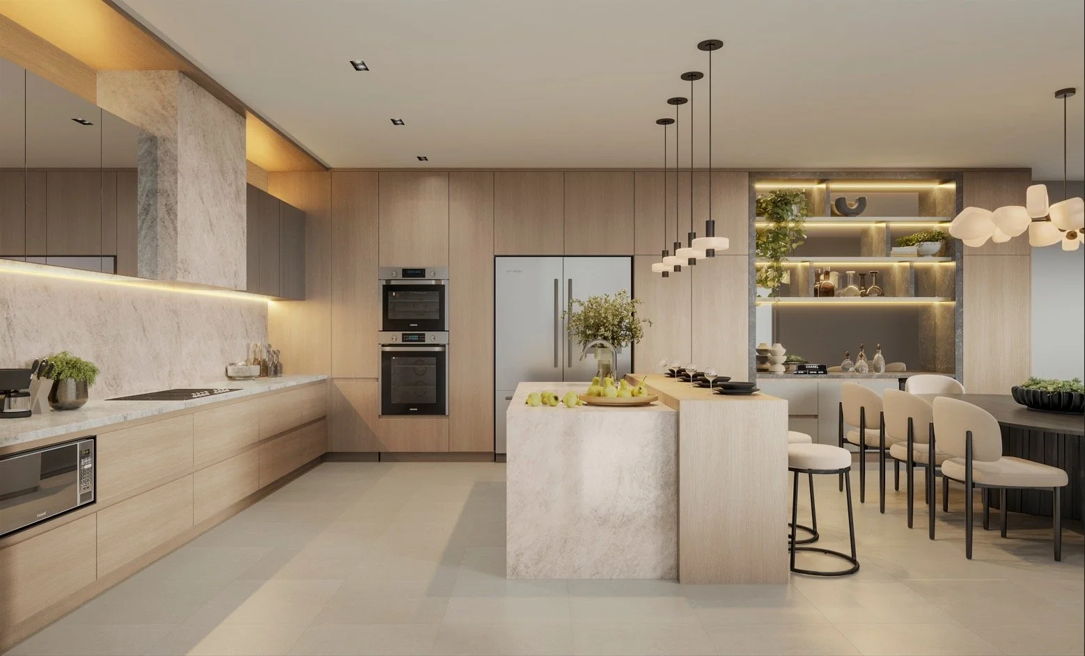 A contemporary kitchen featuring Taj Mahal stone countertops, warm wood cabinetry, and mirrored upper cabinets that add depth and elegance to the space. Black fixtures and hardware create a striking contrast, while a spacious kitchen island with bar 