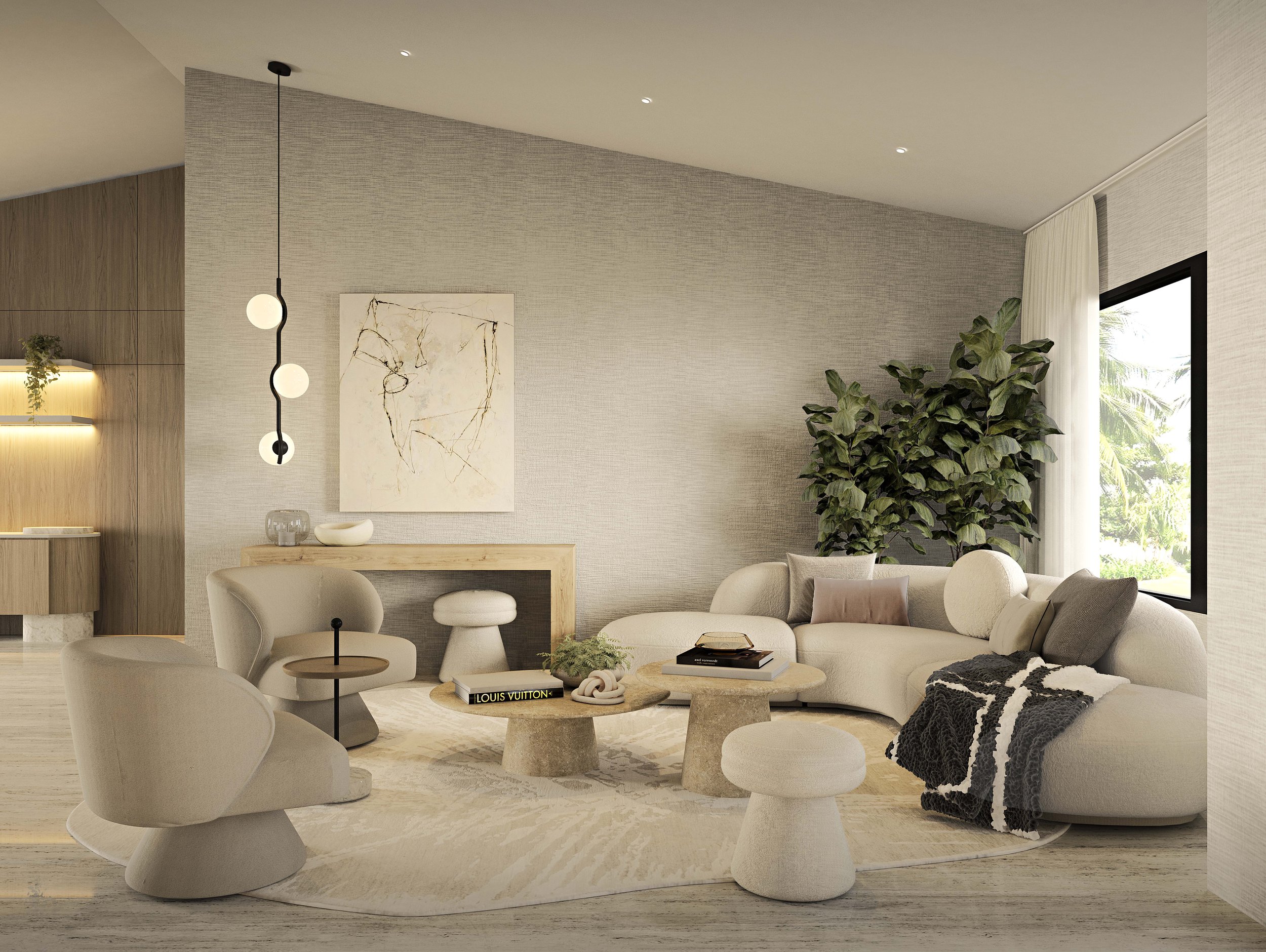 Elegant formal living room with warm sophistication. Space that blends elegance and comfort through warm tones and a cozy ambiance . 