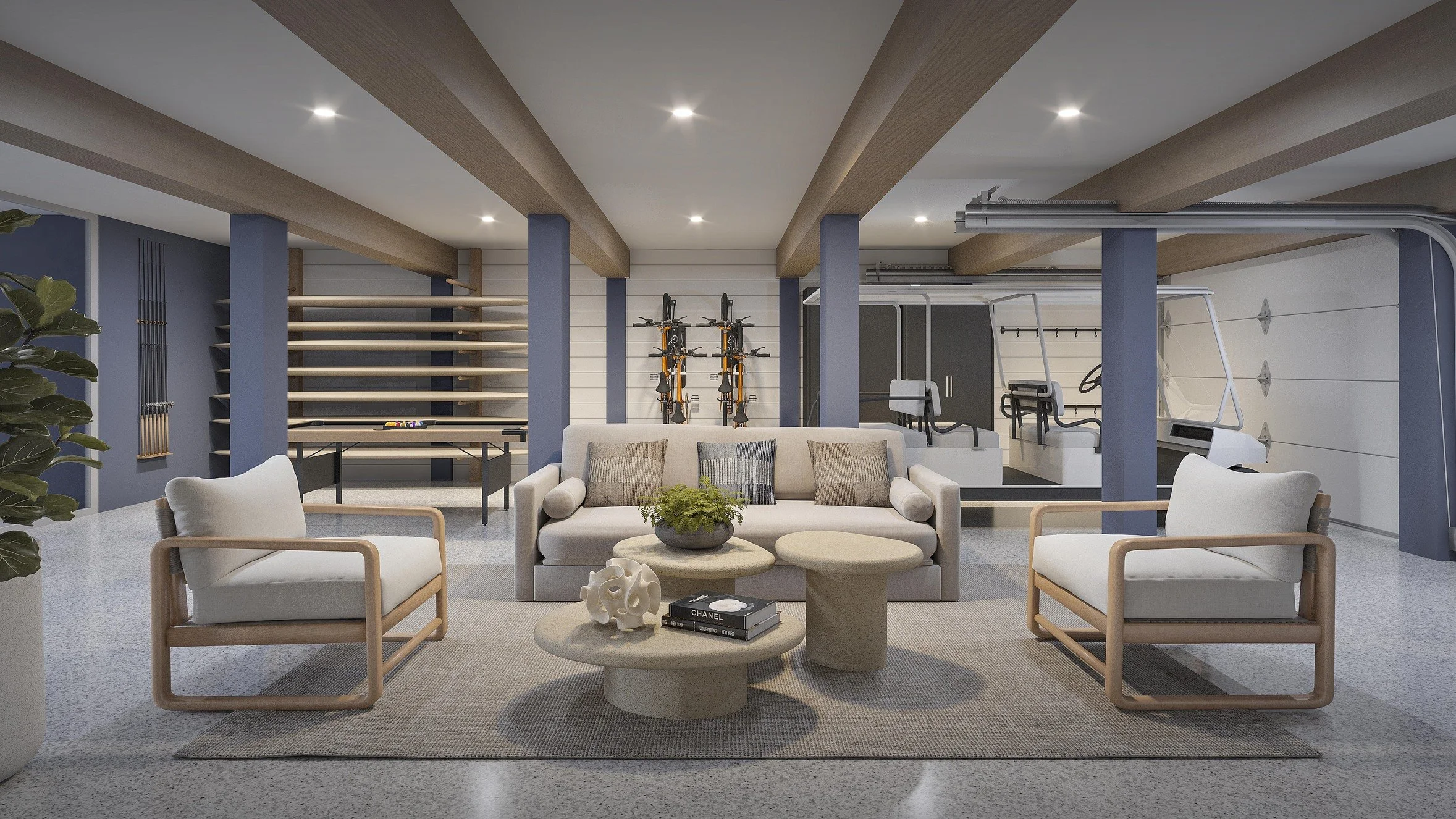 Custom garage conversion with a billiards table, media room, golf cart storage, paddle board rack, lounge seating, and BBQ area. A multifunctional entertainment space designed for recreation, social gatherings, and modern luxury living.