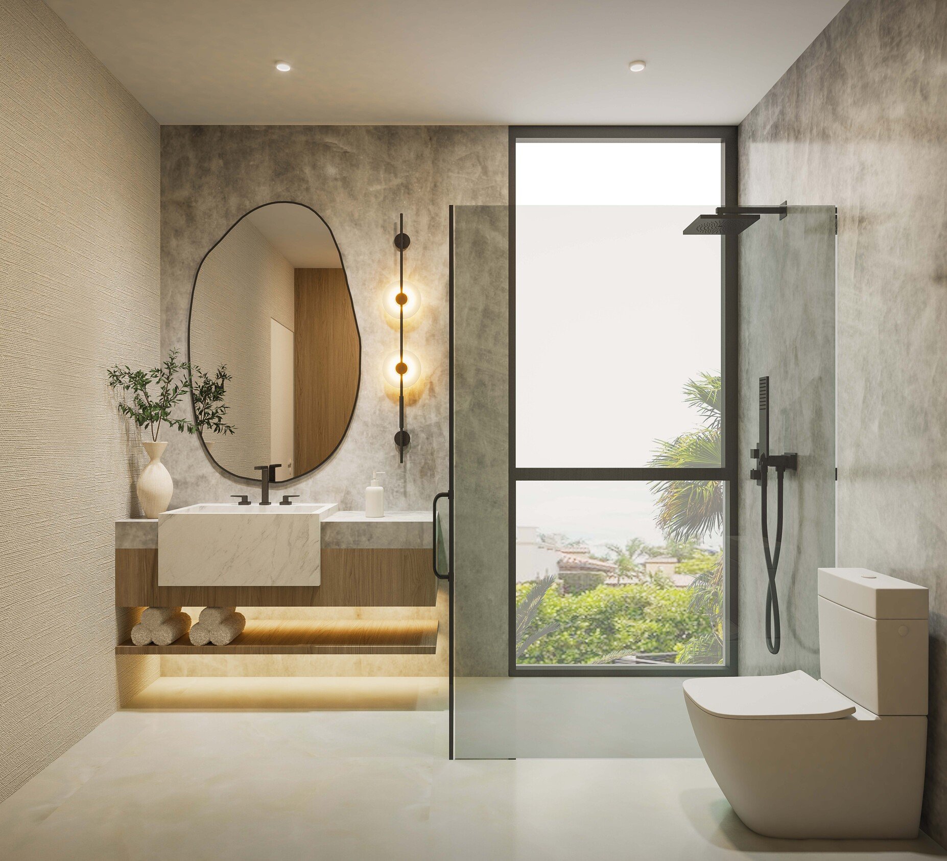 A bold bathroom design featuring an irregular-shaped mirror paired with textured accent stone walls, creating a dynamic and sculptural focal point. The combination of natural materials, clean lines, and a neutral palette results in a modern, spa-like