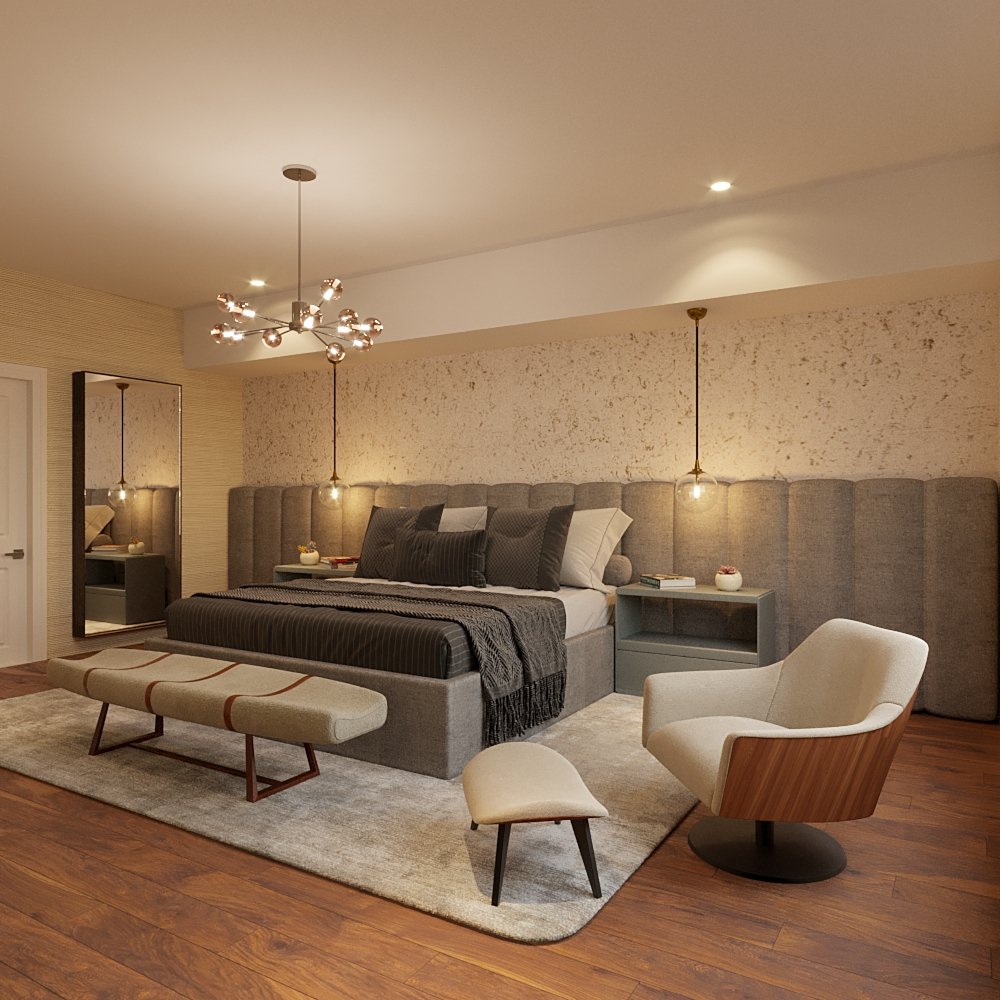 This high end master bedroom has a luxury atmosphere with a custom extra wide headboard in dark gray.