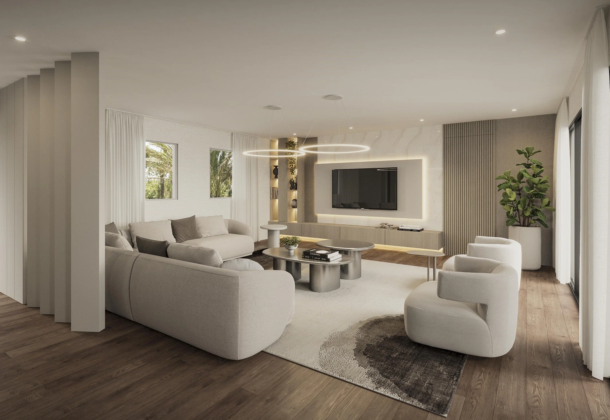 A sophisticated formal living room designed to feel elegant, layered, and inviting. Decorative wood slats subtly divide the space while adding architectural warmth and visual rhythm. A generously sized sectional sofa anchors the room, complemented by