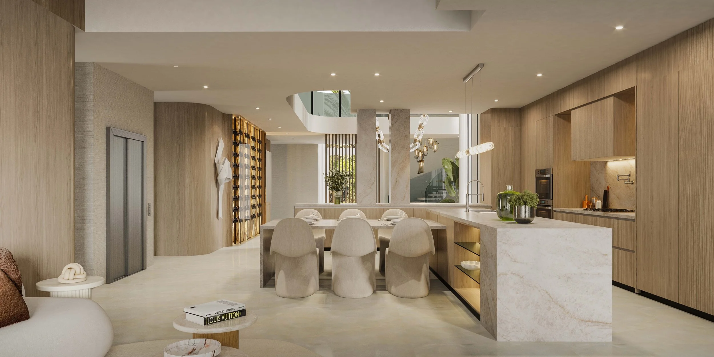 Seamlessly integrated with the living space, the dining area reflects a modern yet approachable elegance. Clean lines and warm finishes create a balanced composition, perfect for both everyday living and entertaining.

The selection of lighting and f