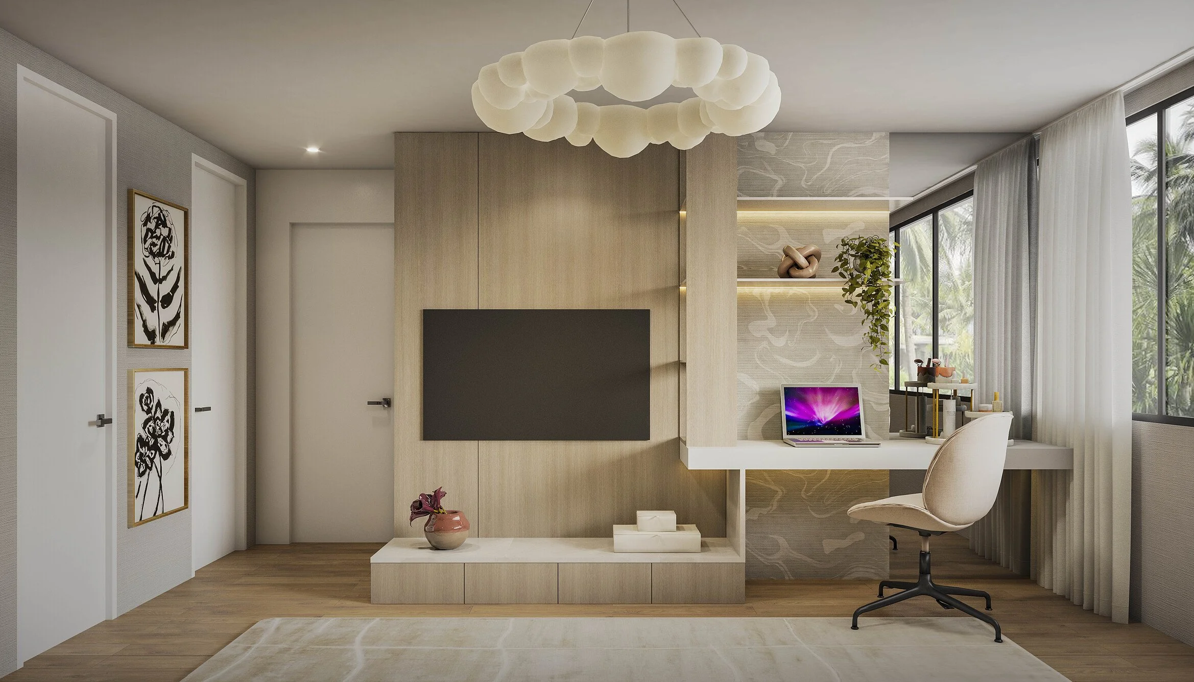 A refined girls’ bedroom featuring a custom media wall and a functional desk area designed for both comfort and productivity. A statement chandelier adds an elegant focal point, while soft tones, warm textures, and clean lines create a modern and inv