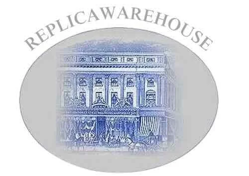 Illustration of a replications warehouse building with the words REPLICA WAREHOUSE curved above it.